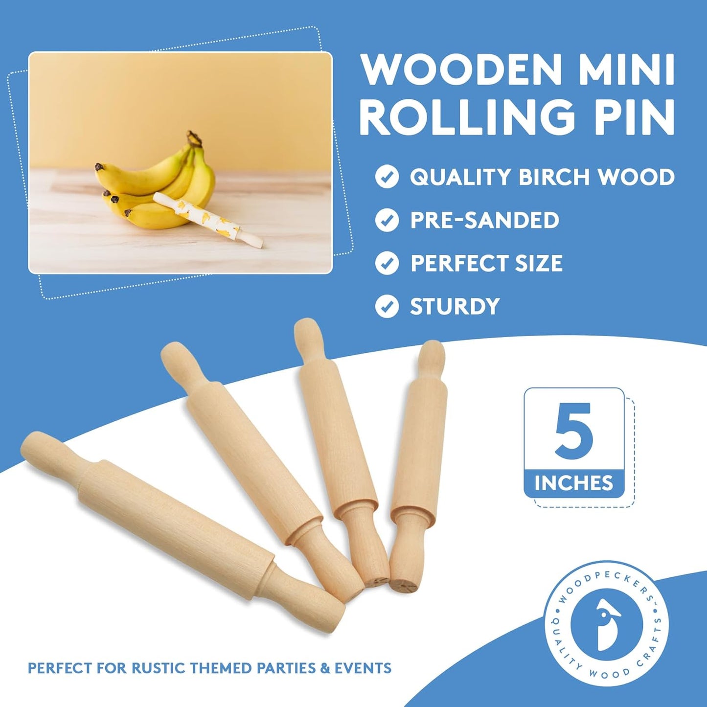 Wooden Mini Rolling Pin, 5 Inches Long, Pack of 12, Great for in The Kitchen, Play-doh, Crafting and Imaginative Play, by Woodpeckers