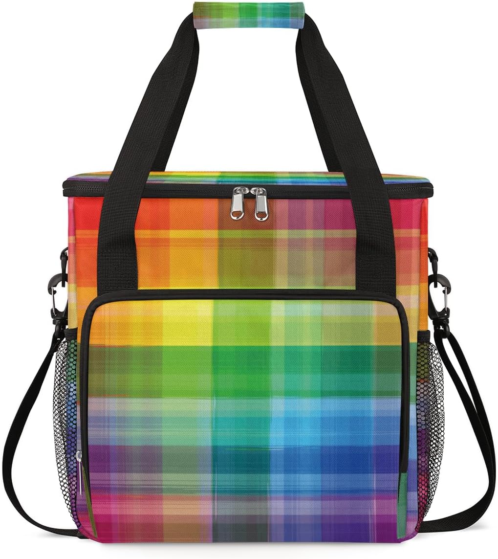 Colorful Rainbow Plaid Coffee Maker Carrying Bag, Coffee Machine Travel Storage Tote Bag Compatible with K-Mini or K-Mini Plus, Portable Single Serve Coffee Brewer Case with Pockets, for K-Cup Pods