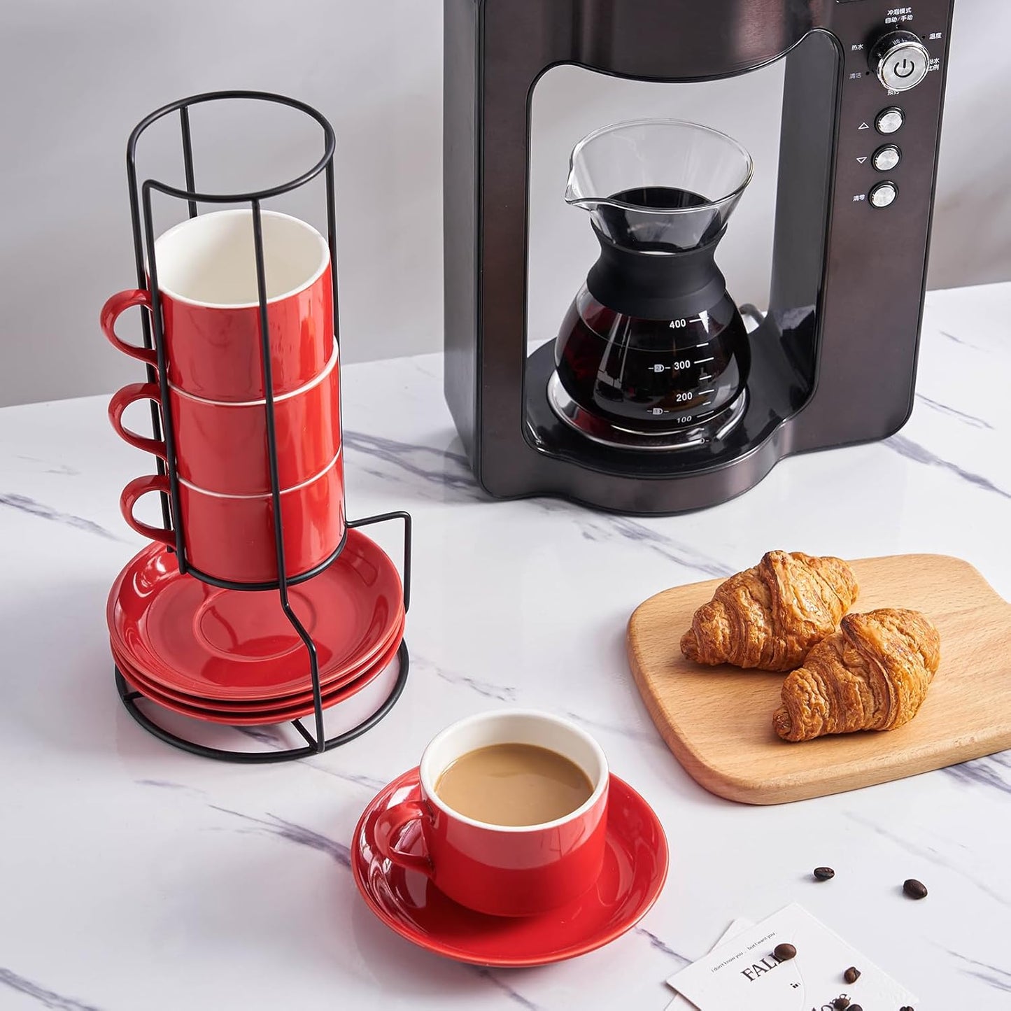YOLIFE 8oz Porcelain Stackable Cappuccino Cups with Saucers and Metal Stand Set of 4, Coffee cups for Espresso, Specialty Coffee Drinks, Latte, Americano and Tea - Red