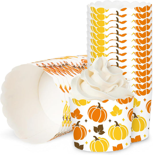 Whaline 100Pcs Fall Paper Baking Cups Pumpkin Maple Leaf Cupcake Wrappers Orange Yellow Brown Scalloped Edge Cupcake Muffin Cases for Autumn Thanksgiving Dessert Decoration