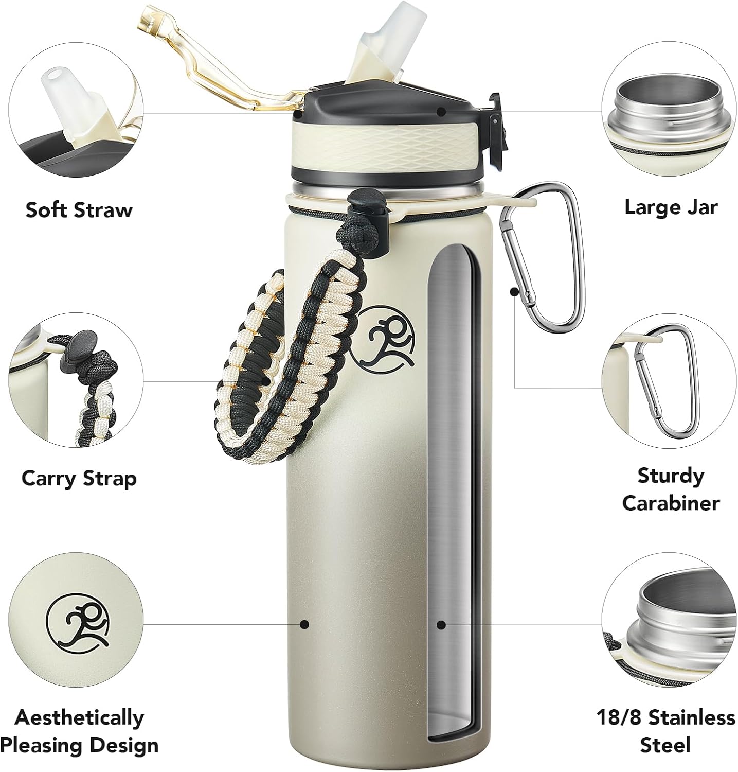 GOSWAG Insulated Sports Water Bottle, 24oz 2 Lids(with Straw/No Straw), Stainless Steel Water Bottles with Paracord Handle, Insulated Bottle with Double-Wall Vacuum Insulation