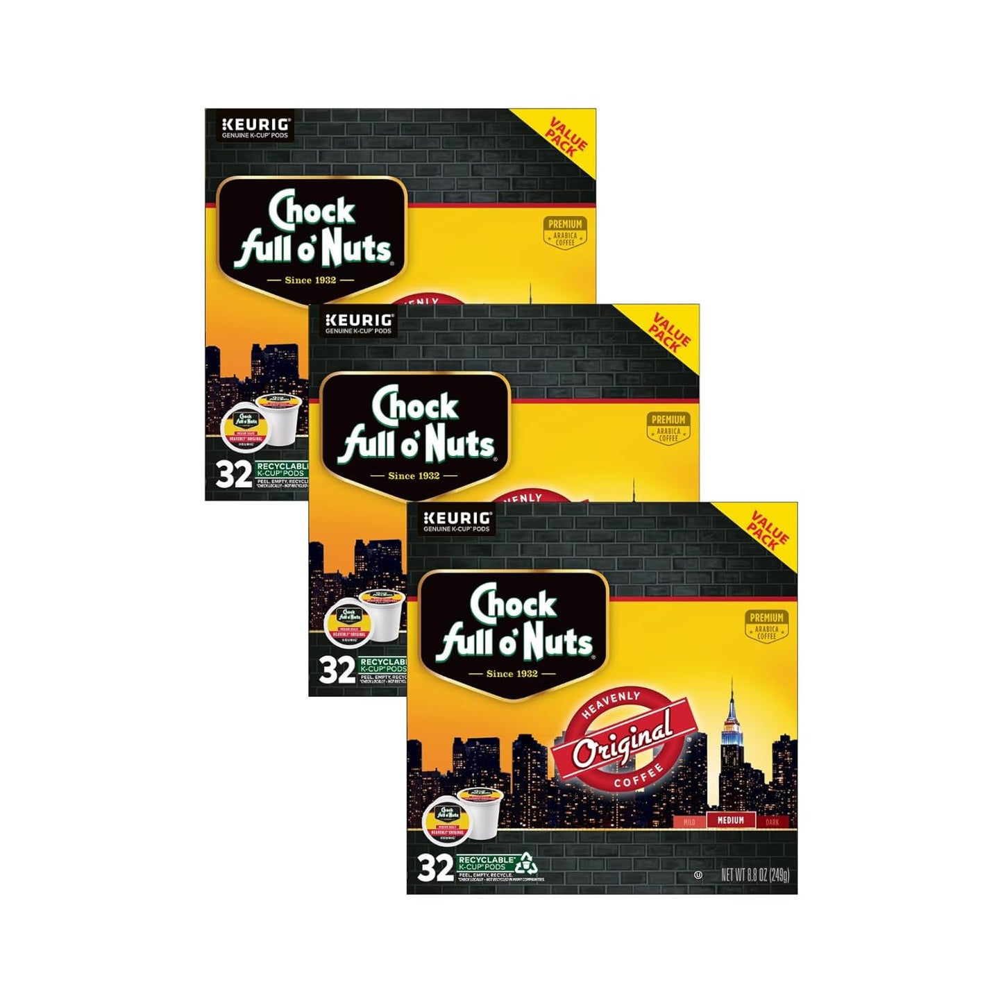 Chock Full o'Nuts Original Coffee, Compatible with K-Cup Pods, 32 CT (Pack of 3)