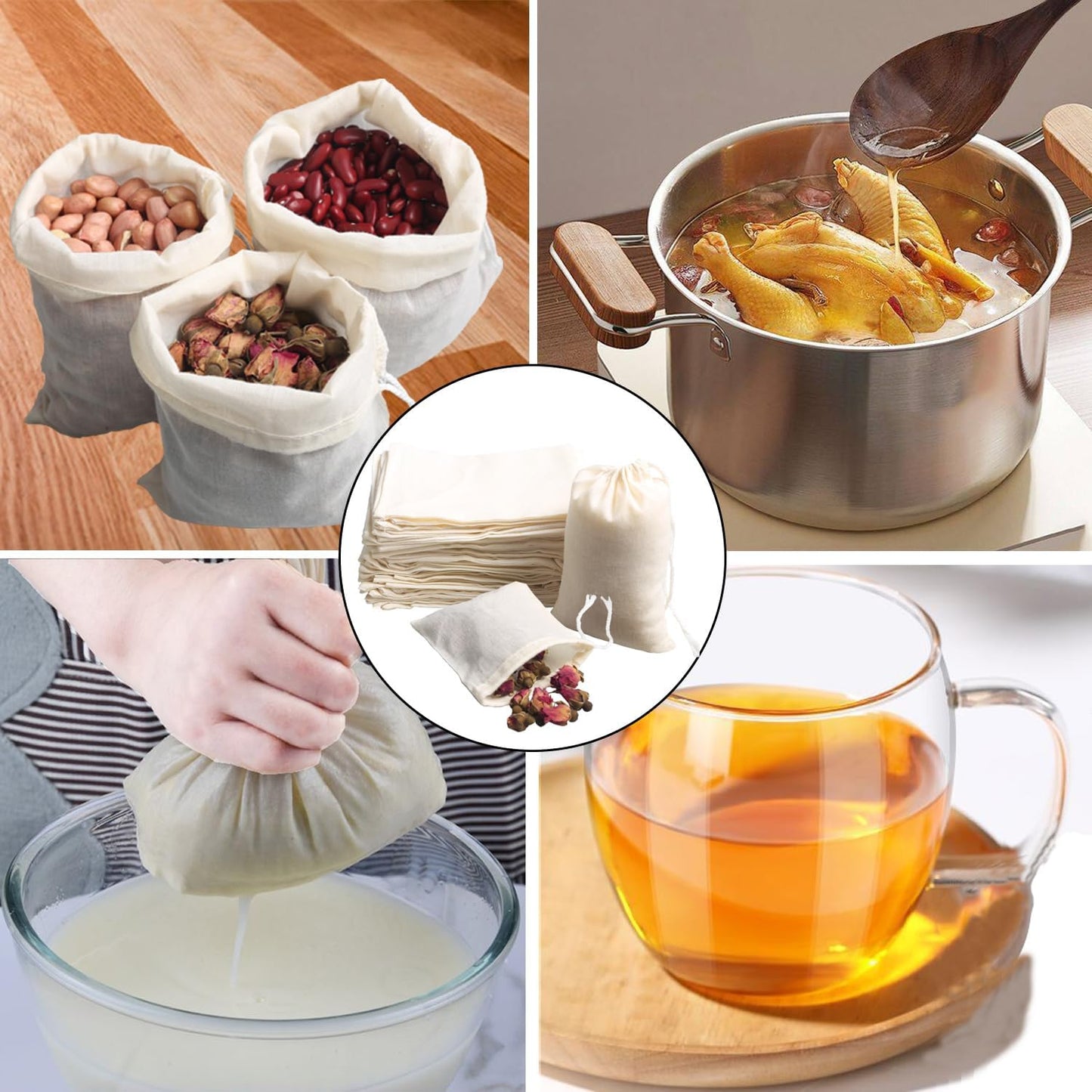 Eketirry Spice Bags, 20pcs Reusable Empty Tea Bags, Muslin Strainer Bags, Soup Bags for Cooking, Natural Cotton Fine Mesh Cheesecloth Bags for Cold Brew Coffee(3 x4" &8 x10")