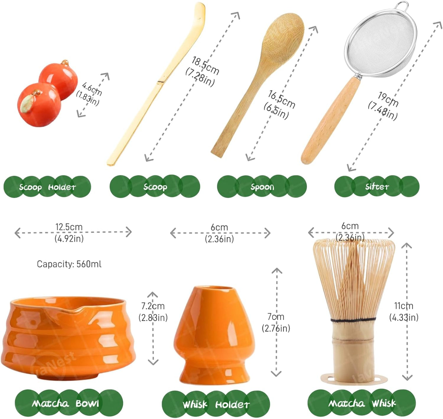 7-Piece Matcha Tea Set with Gift Card – 120-Prong Bamboo Whisk, Ceramic Bowl with Spout, Whisk Holder, Scoop, Spoon, Strainer & Scoop Holder – Ideal Gift for Matcha Lovers (Orange)