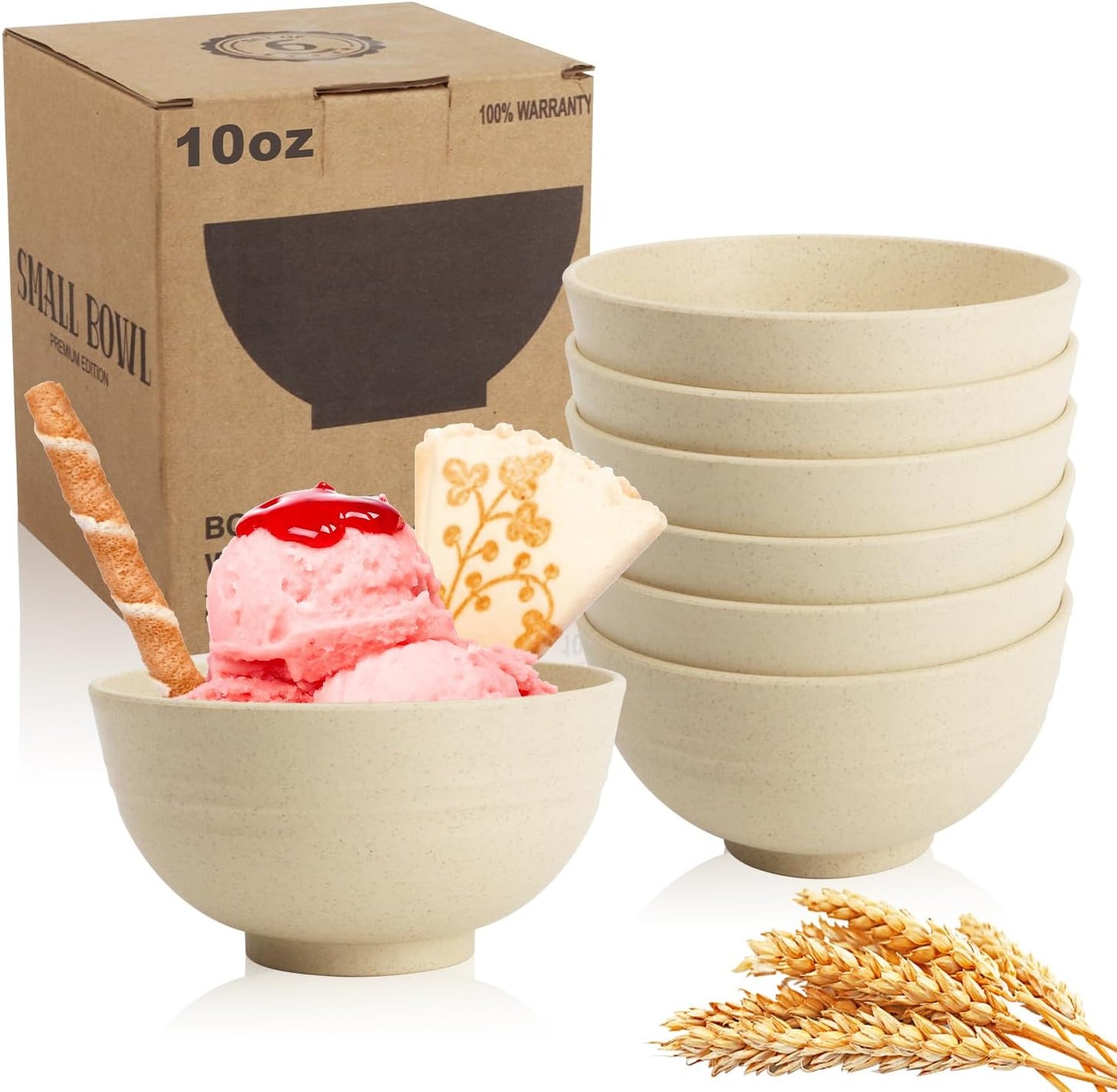 Small Wheat Straw Bowls Sets of 6,Dishwasher Safe and Microwave Safe Snack Bowls 10oz,Alternative Handy Plastic Bowls Reusable for Snack and Ice Cream.Beige Series