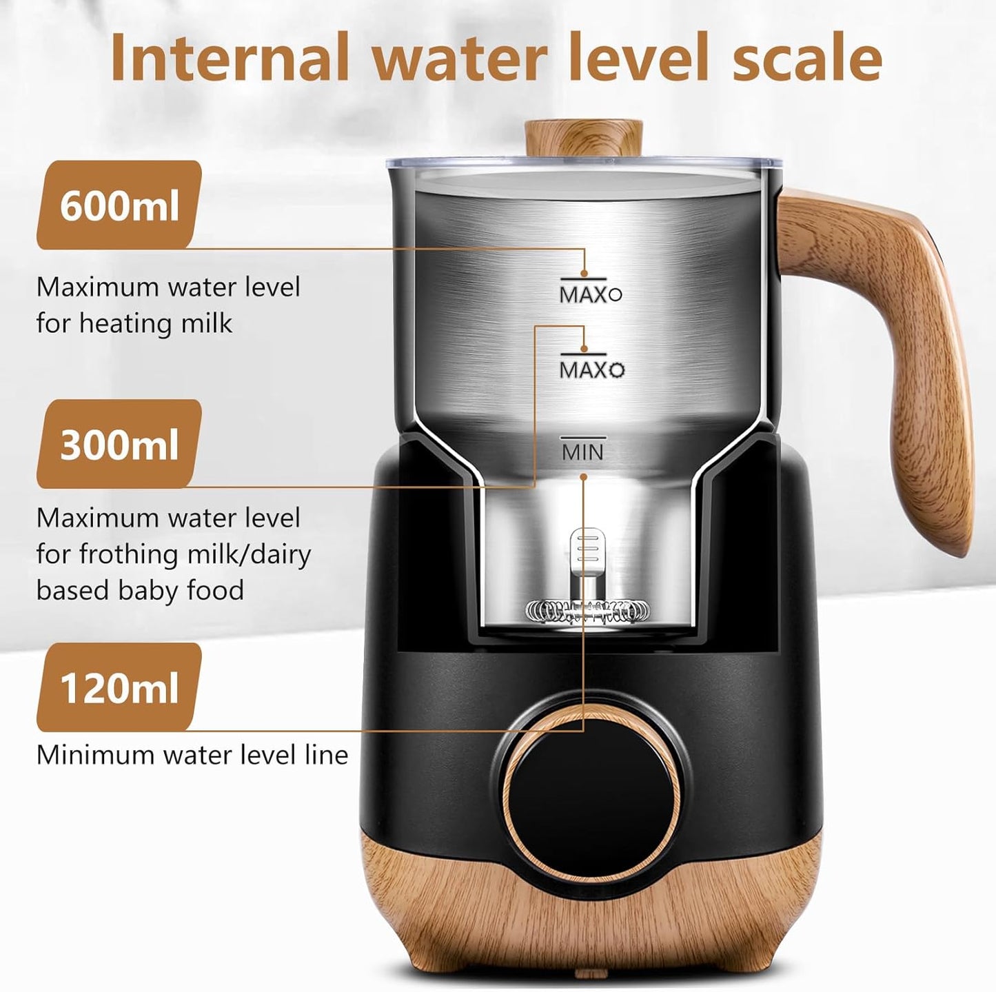 AMZCHEF 8-IN-1 Milk Frother and Steamer 550 Watts, 21 oz Split Stainless Steel Automatic Steamer, Milk's Warmer for Latte, Cappuccino, Hot and Cold Froth, Heated Milk, Hot Chocolate, Baby Food silver