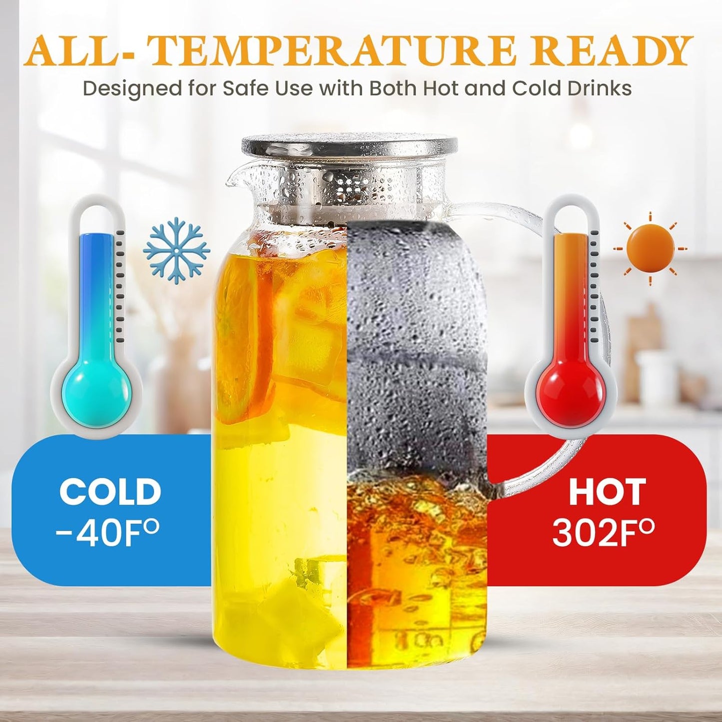 Round Glass Pitcher with Lid & Spout, 2 Pack 1.8L 60 Oz – Water Pitcher with Handle for Fridge, Brosilicate Glass Carafe Hot & Cold Drink, Large Jug for Icead Tea Coffe Juice, Jarra De Vidrio Con Tapa