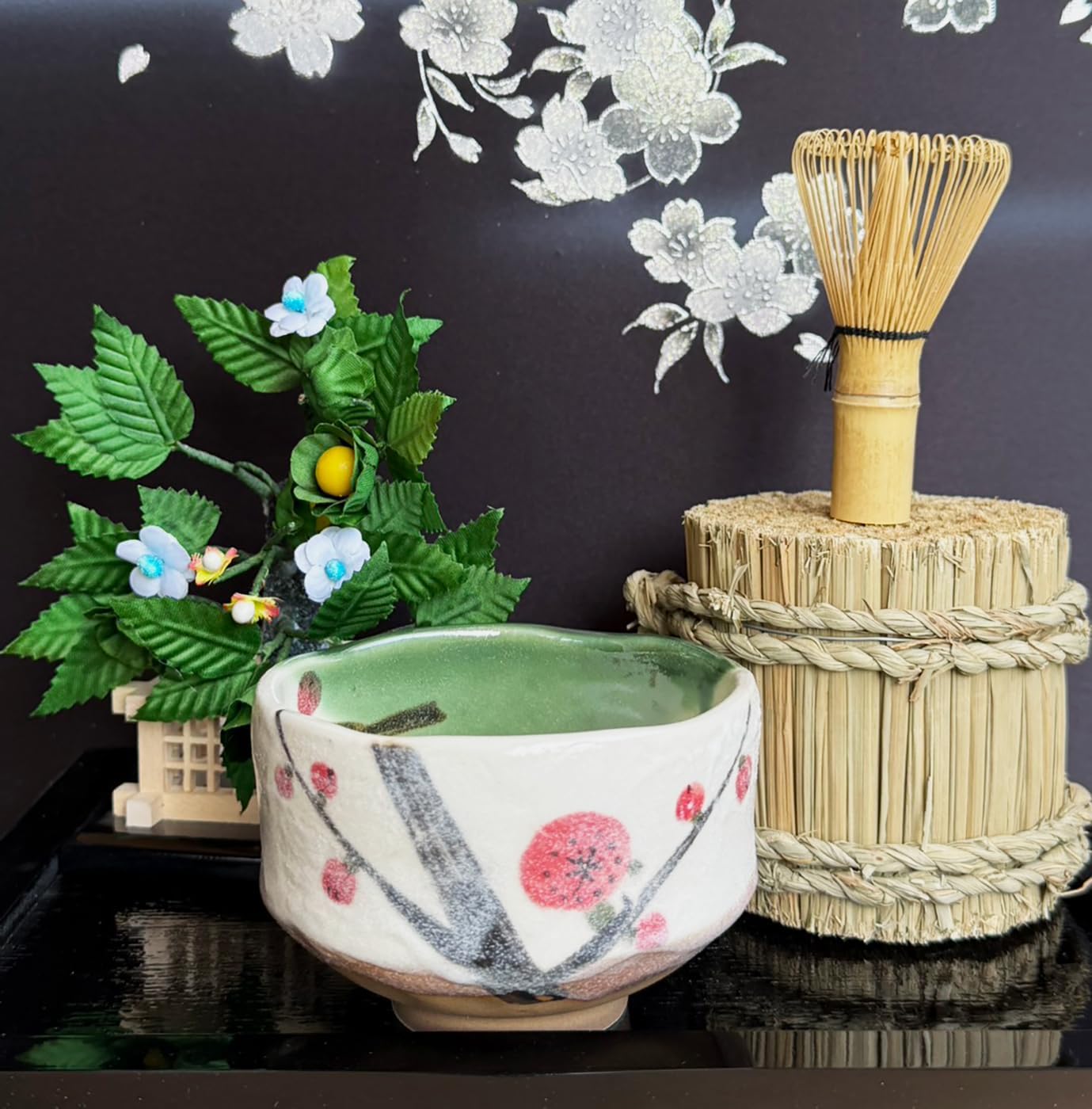 Japanese Traditional Mino Ware Handcrafted Mini Matcha Chawan Tea Bowl Cup Set with Chasen Bamboo Tea Whisk Ceremony Tableware Pottery (Oribe Ume)