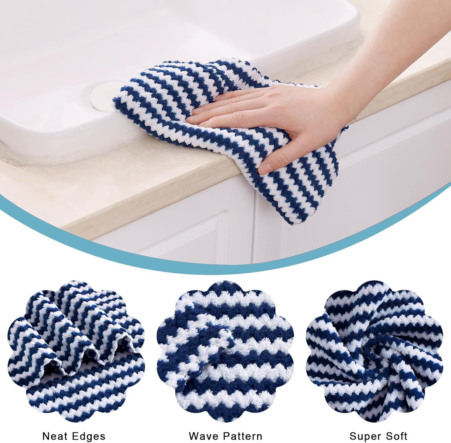 Homaxy Kitchen Towels(12 Pack, 10 x 20 inches), Ultra Soft and Absorbent Dish Towels, Reusable Fast Drying Microfiber Cleaning Cloth, Coral Velvet Wave Design No-lint, Navy Blue