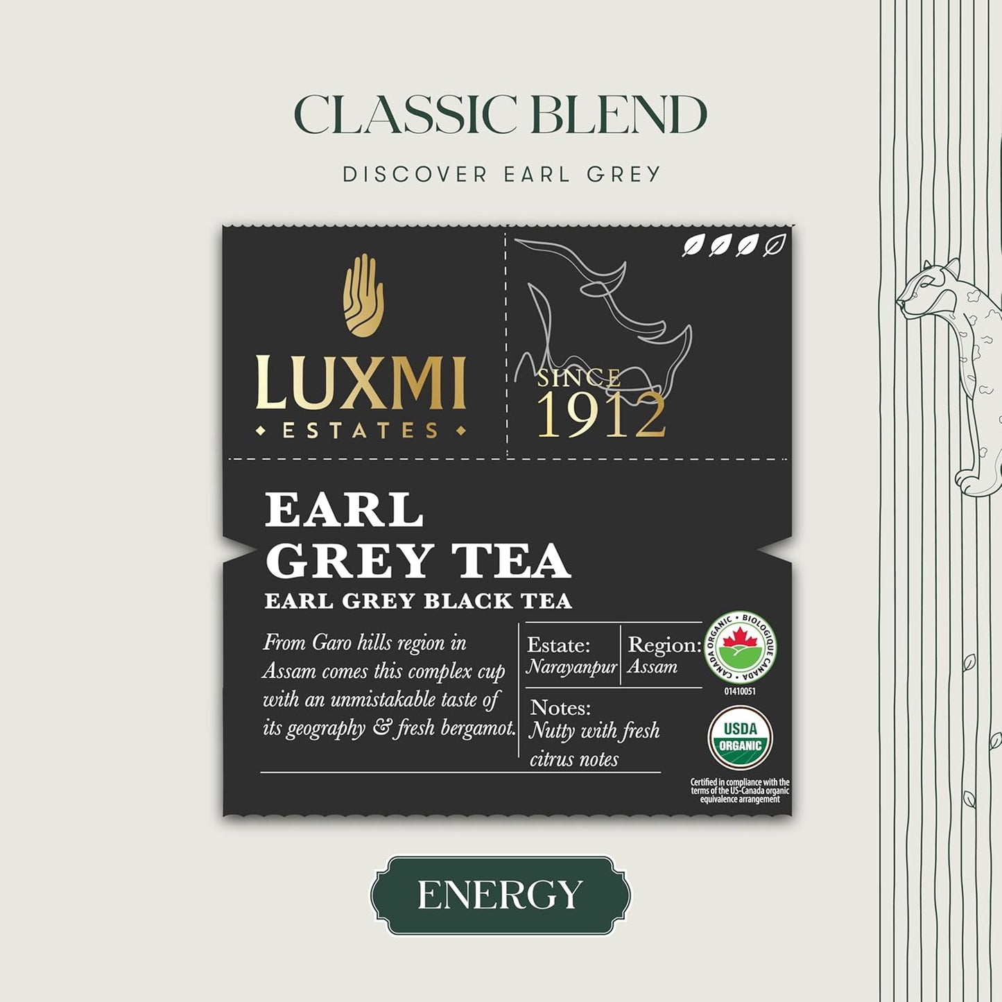 Luxmi Estates Garo Hills Organic Earl Grey Black Tea 50 Tea Bags (100gm) Pack | USDA Organic - Earl Grey Tea Bags | 100% Natural Bergamot Extracts | 50 Cups |Assam Black Tea