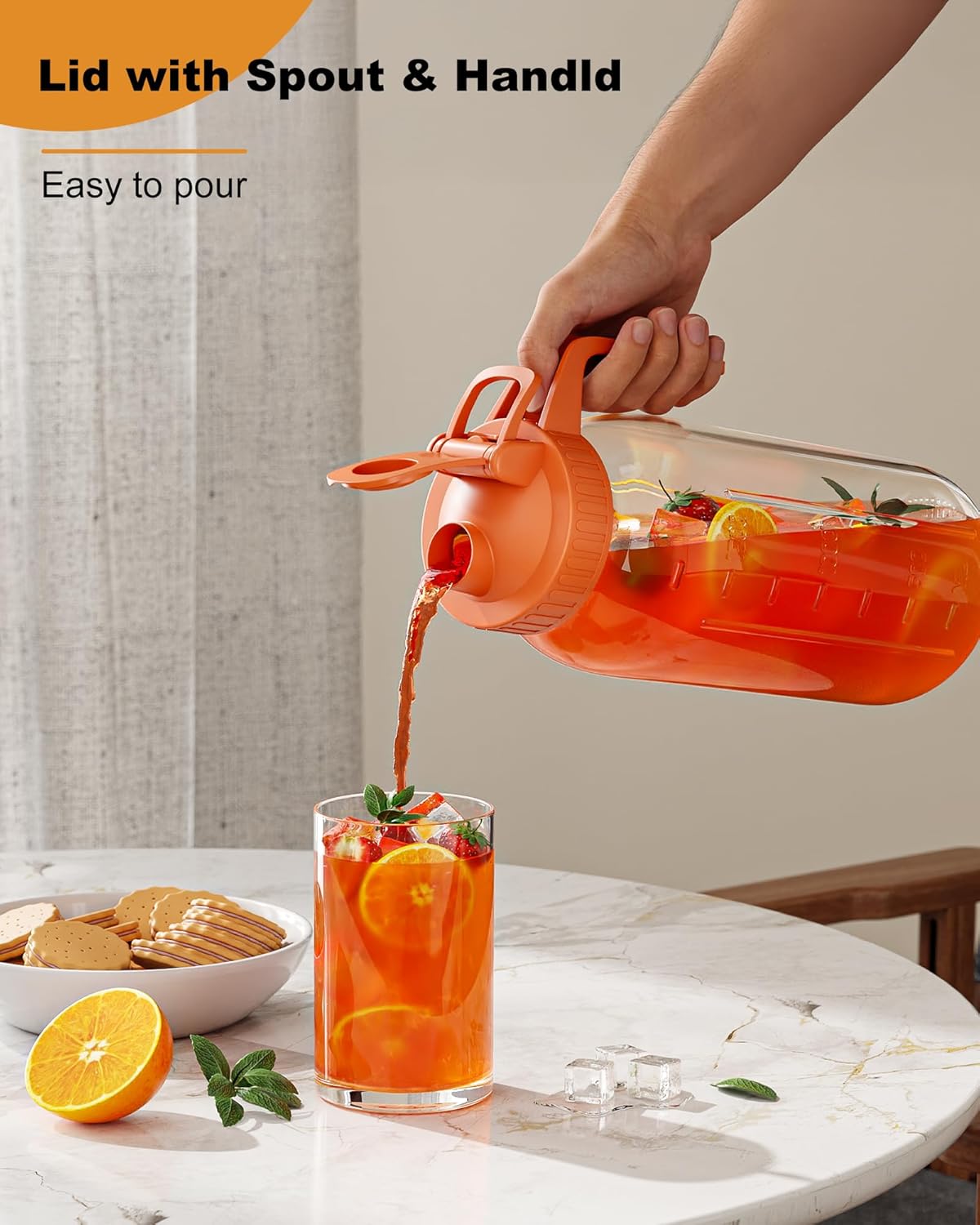 Glass Pitcher with Airtight Lid and Spout, 64oz Glass Mason Jar | Wide Mouth | Leakproof | Water Jug for Juice, Sun Iced Tea, Cold Brew Coffee, Milk Storage, Orange