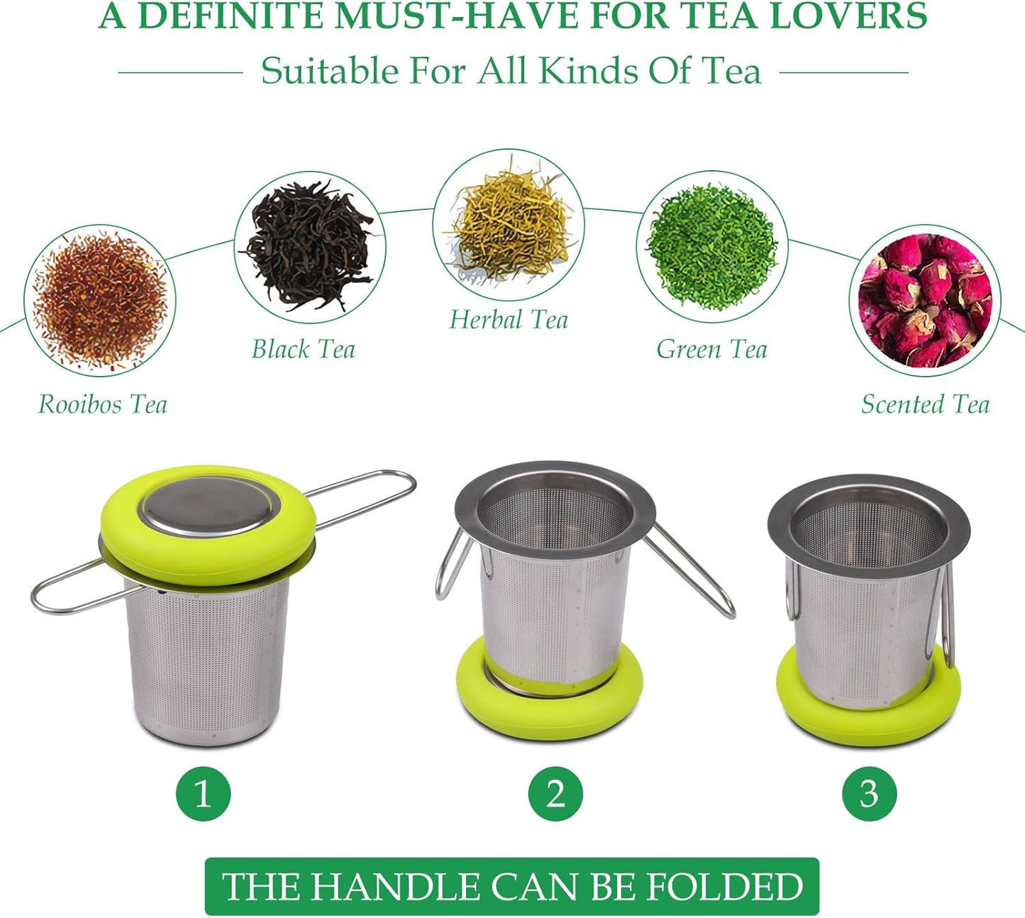 Fenshine Tea Infuser Stainless Steel Tea Strainer Folding Handle Tea Filter Extra Fine Mesh Strainer Brewing Basket with Lid for Loose Leaf Tea (Green)