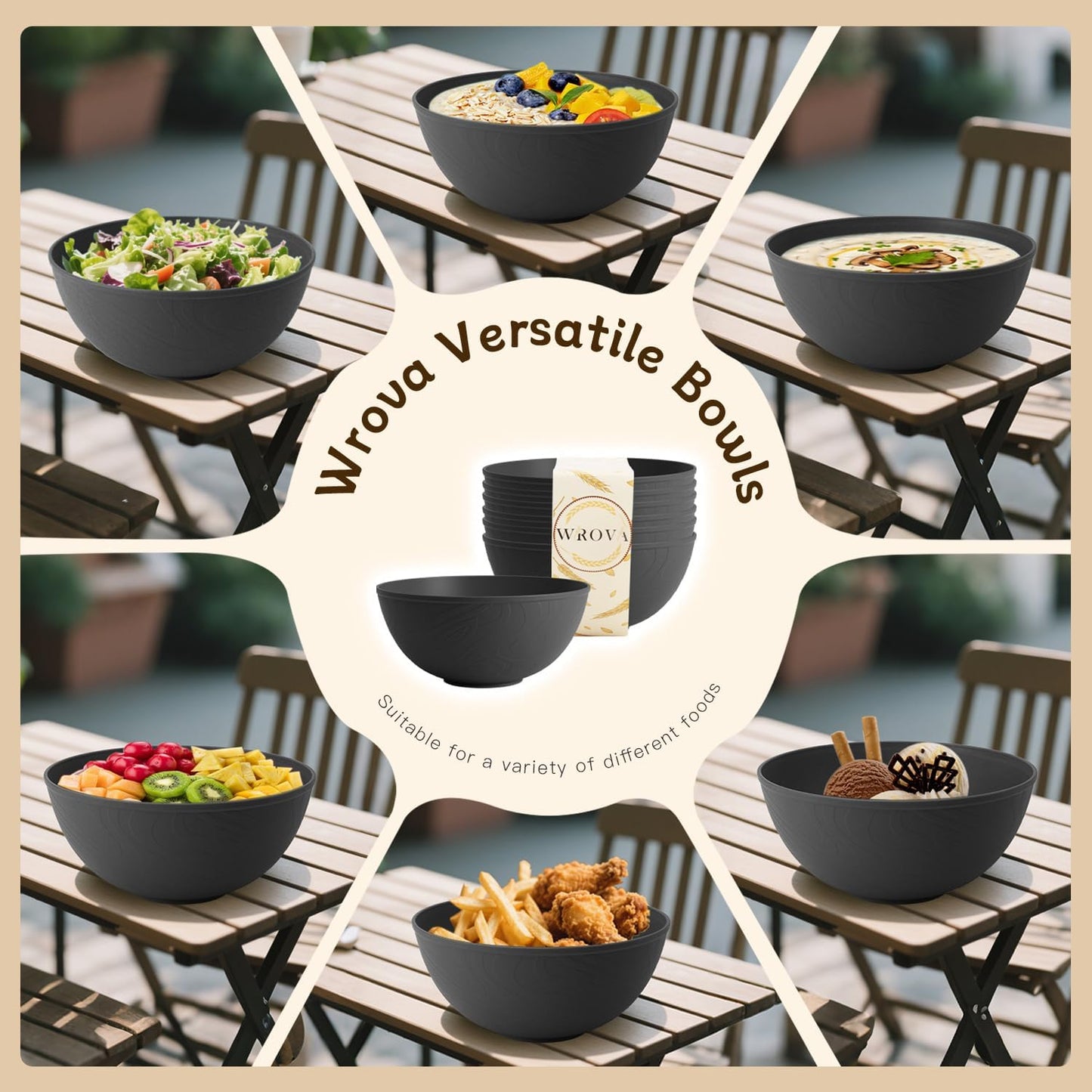 Black Cereal Bowls 40oz for Cereal Lover,Unbreakable Alternative Plastic Bowls Set of 6,Extra Thick Anti-Scald Bowl Sets suitable for Salad,Soup and Fruit.