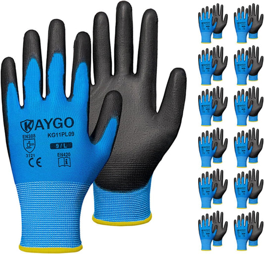 KAYGO Safety Work Gloves PU Coated, 12 Pairs KG11PB, Seamless Knit Glove with Polyurethane Coated Smooth Grip on Palm & Fingers, for Men and Women, Ideal for General Duty Work (Large,Blue)