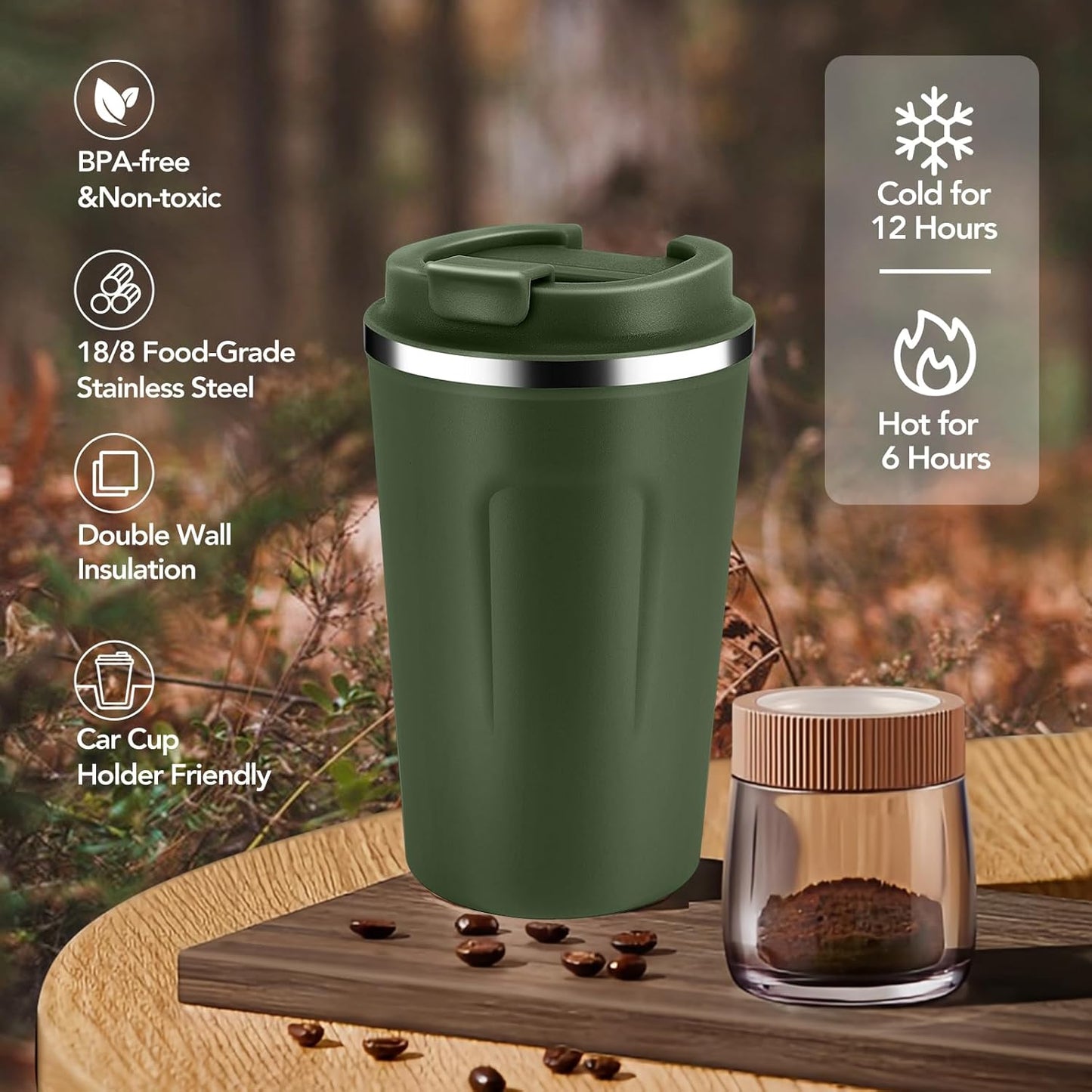 Volhoply 12 oz Double Wall Insulated Vacuum Travel Coffee Mug with Flip Lid Bulk 4 Pack,Reusable Stainless Steel Leak Proof Coffee Cup,Portable Thermal Tumbler for Hot & Cold Drinks(Army Green,8 Set)