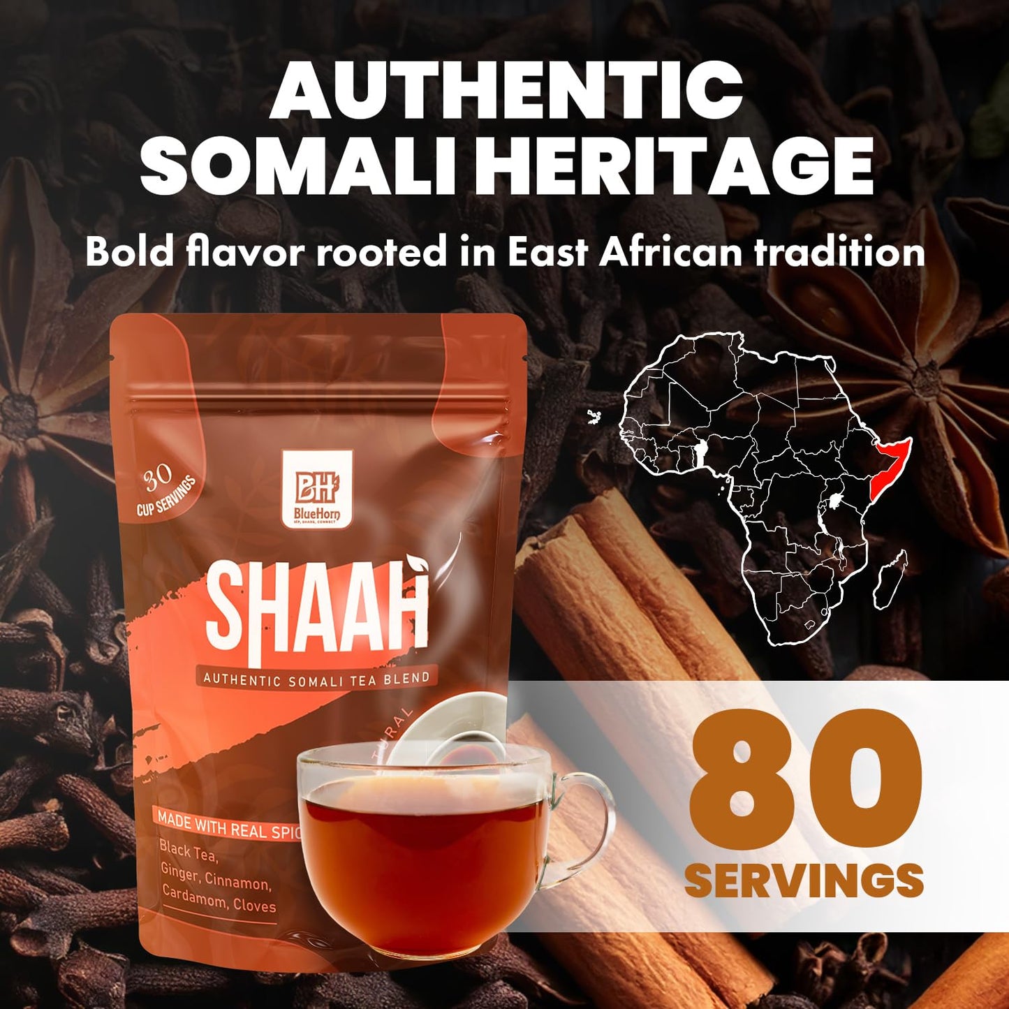 Shaah Authentic Somali Tea – 80 Cups,8.8 oz Organic Loose Leaf Black Tea with Somali Spices | Shaah Tea Blend with Ginger, Cinnamon, Cardamom & Cloves