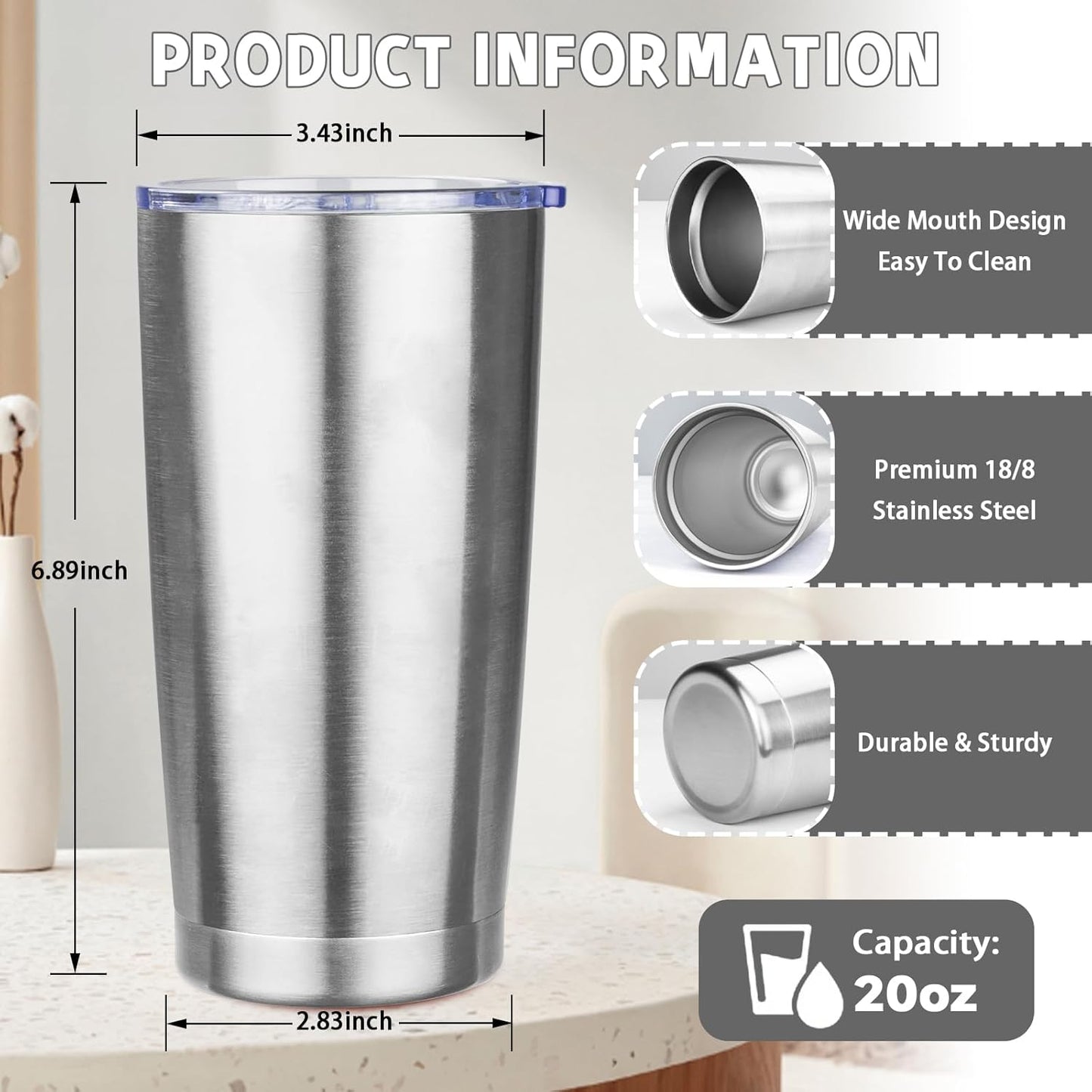 20 oz Tumbler with Lids and Straws, Stainless Steel Insulated Coffee Tumbler, Double Wall Vacuum Insulated Travel Mug Cup, Leakproof Thermal Coffee Cup for Hot and Cold Drinks (Silver)