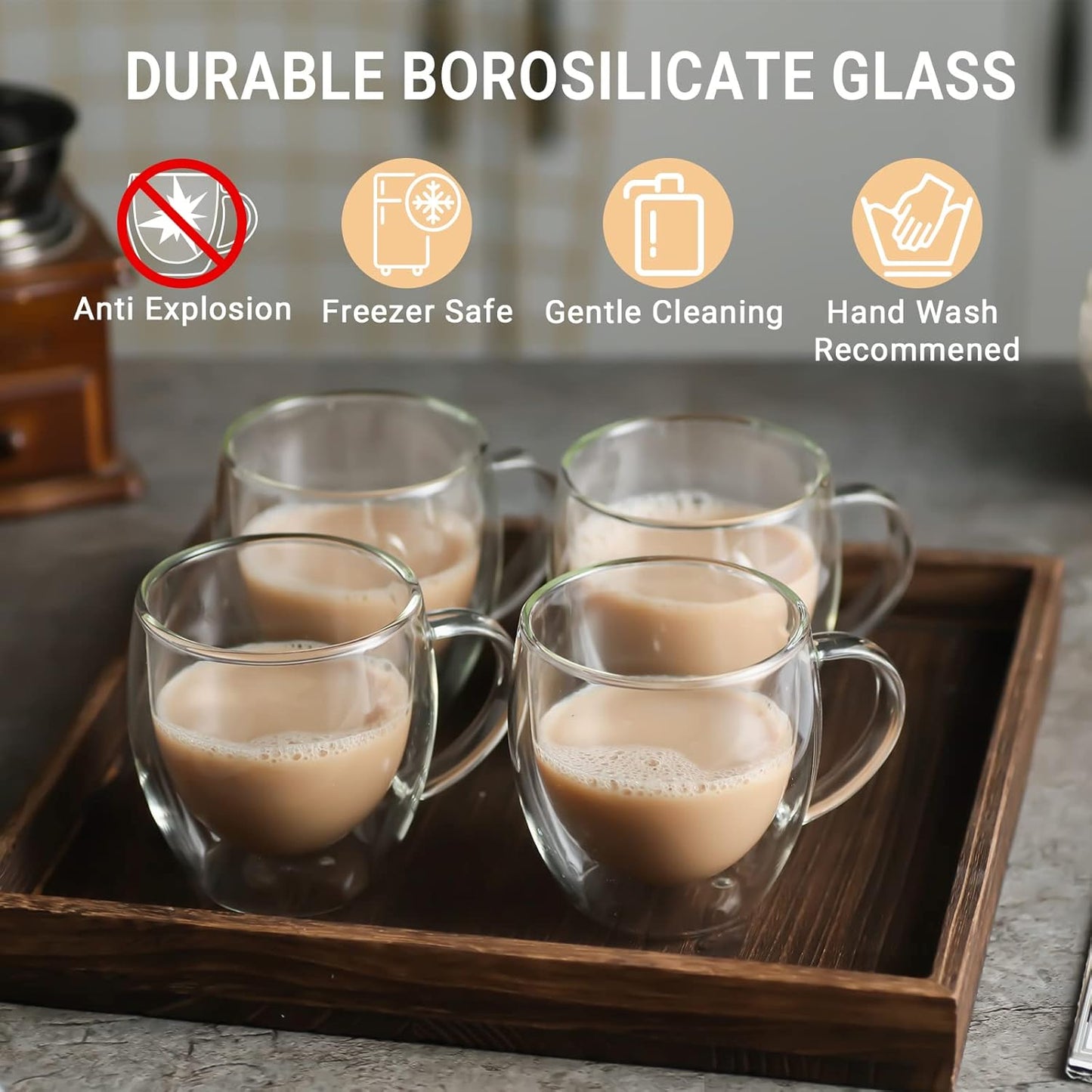 ZONEYILA Double Walled Glass Coffee Mugs 8oz, Insulated Borosilicate Glass Coffee Cups Set of 4, Clear Glasses Mug with Handle for Espresso, Cappuccino, Tea, Hot Beverages