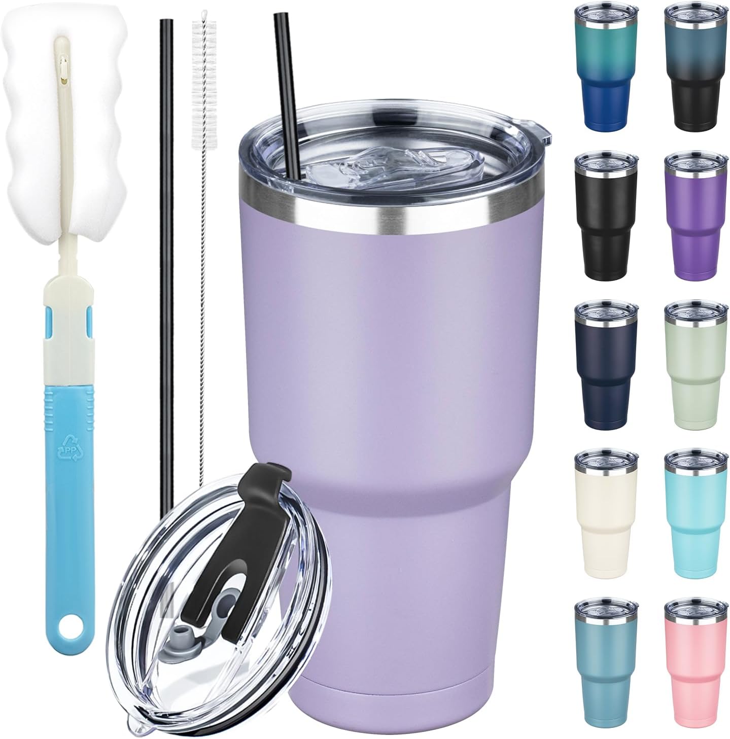 30 oz Tumbler with Lids and Straws, Stainless Steel Insulated Coffee Tumbler, Double Wall Vacuum Insulated Travel Mug Cup, Leakproof Thermal Coffee Cup for Hot and Cold Drinks (Light Purple)