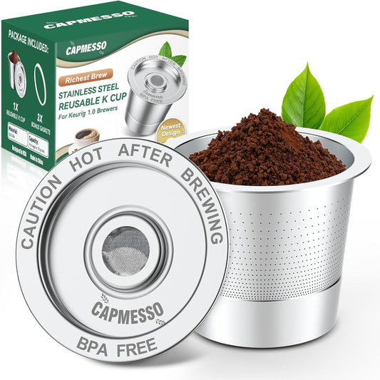 CAPMESSO Reusable K Cups for Keurig 1.0: Stainless Steel Coffee Pod Metal Refillable K Cup - Universal Coffee Filters for Keurig 1.0 Coffee Maker, Eco-Friendly, Innovative Design