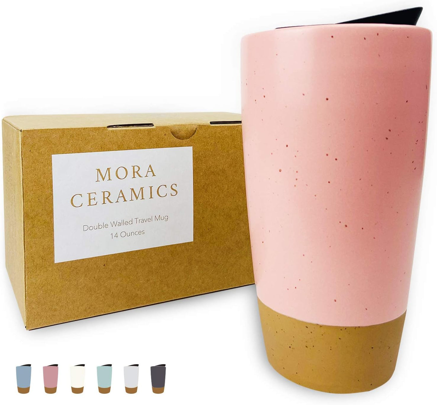 Mora Double Wall Ceramic Coffee Travel Mug with Lid, 14 oz, Portable, Microwave, Dishwasher Safe, Insulated Reusable Tall Cup, Splash Resistant Lid - To Go Tumbler for Car Cup Holder, Pink Salt