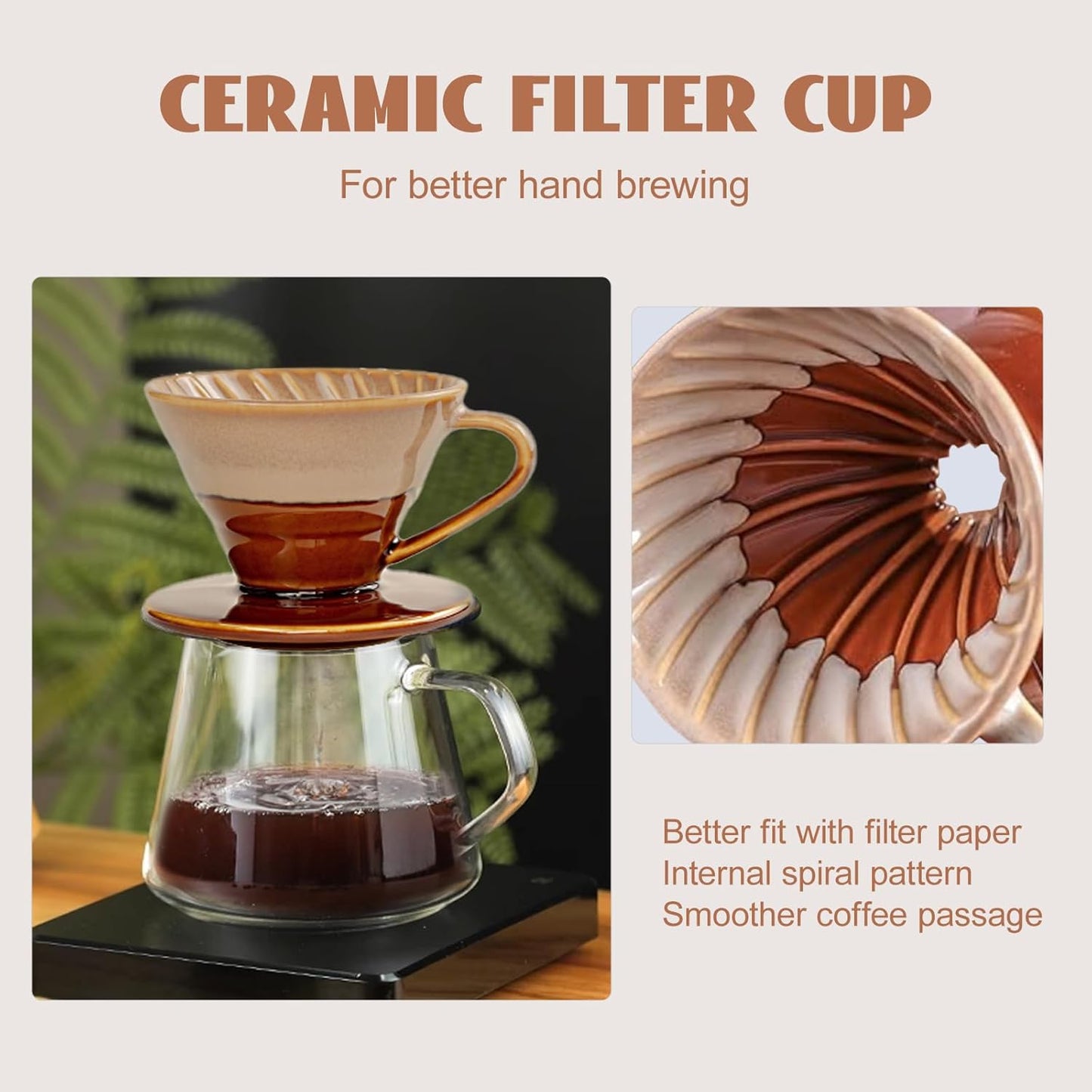 Ceramic Coffee Dripper Filter 02-4Cup Pour Over Coffee Dripper, 60 Angle Cone Ceramic Hand Brew Coffee Cup Retro Filter Set Reusable Portable Coffee Maker (Bronze)