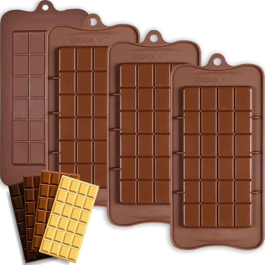 HKNMTT Chocolate Bar Molds Silicone Classic 4 Pack, Snap Candy Bars Making Mould Set, BPA Free Soy Candle Wax Melt Durable Mold Easy Release Non-Stick for Protein and Energy DIY Handmade Gifts