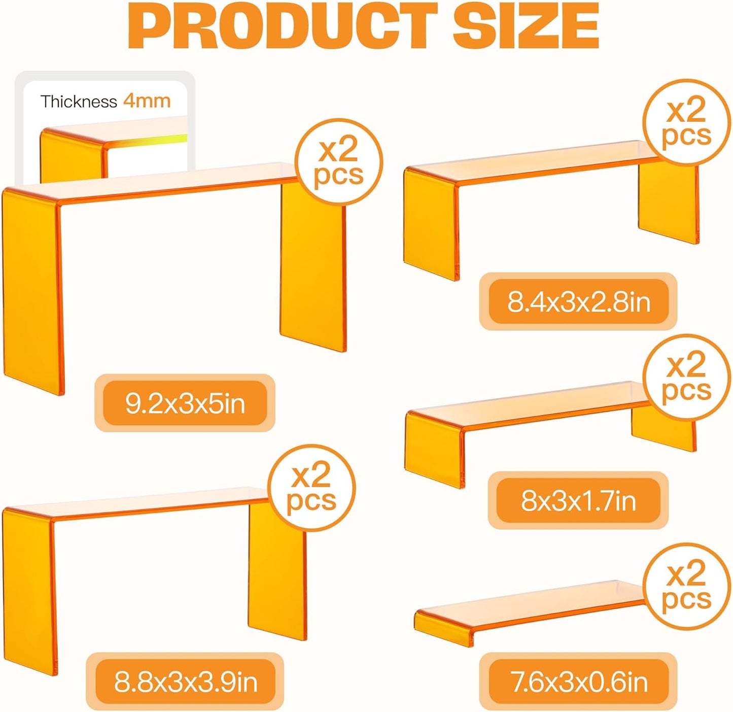 Goabroa Acrylic Display Risers, 2 Sets 5 Tier Rectangular Risers Display Stands, Acrylic Display Shelves for Figures, Cupcake, Perfume Display, Transparent Orange