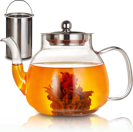 1100ml Glass Teapot with Removable Infuser,37oz Borosilicate Clear Tea Kettle,Stovetop Microwave Safe,Blooming and Loose Leaf Tea Maker Gift