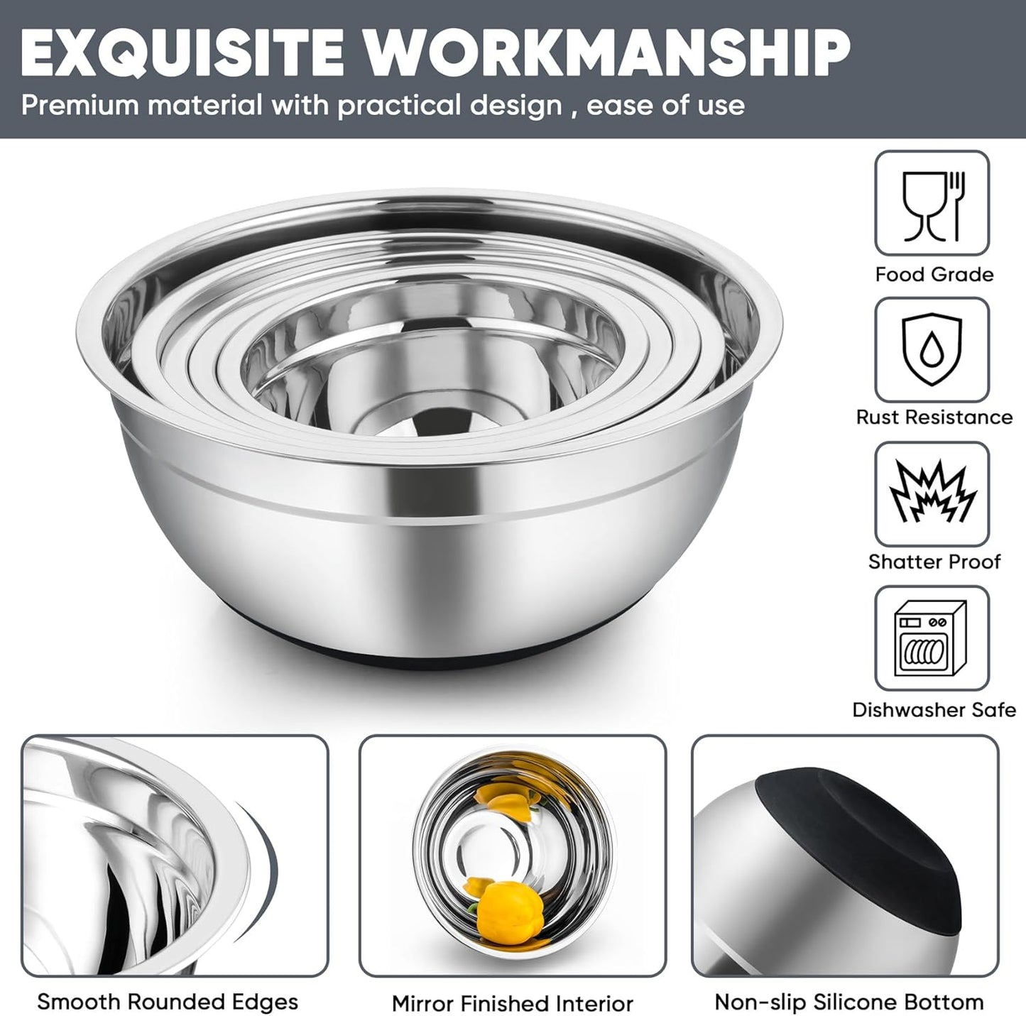 TeamFar Mixing Bowls with Lids Set, 7/3.5/2.5/1.5/1 QT, Stainless Steel Large Metal Salad Nesting Bowl, Non-Slip Silicone Bottom & Airtight Lid, Healthy & Deep - Set of 5(Black)