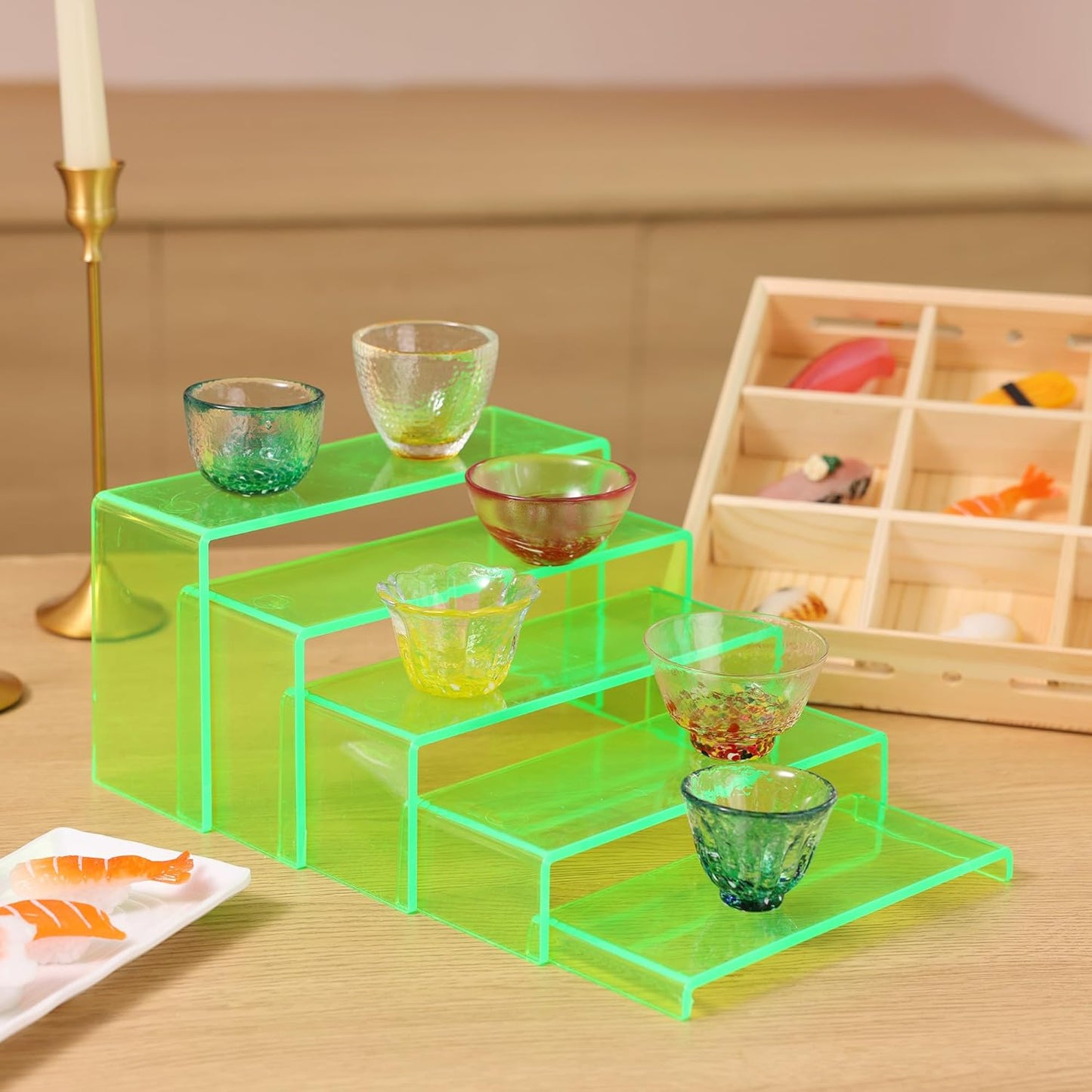 Goabroa Acrylic Display Risers, 2 Sets 10 Pcs Perfume Stand Organizer, Rectangular Acrylic Display Shelves for Figures, Cupcake, perfume, Wine Glass and Handbag, Transparent Green