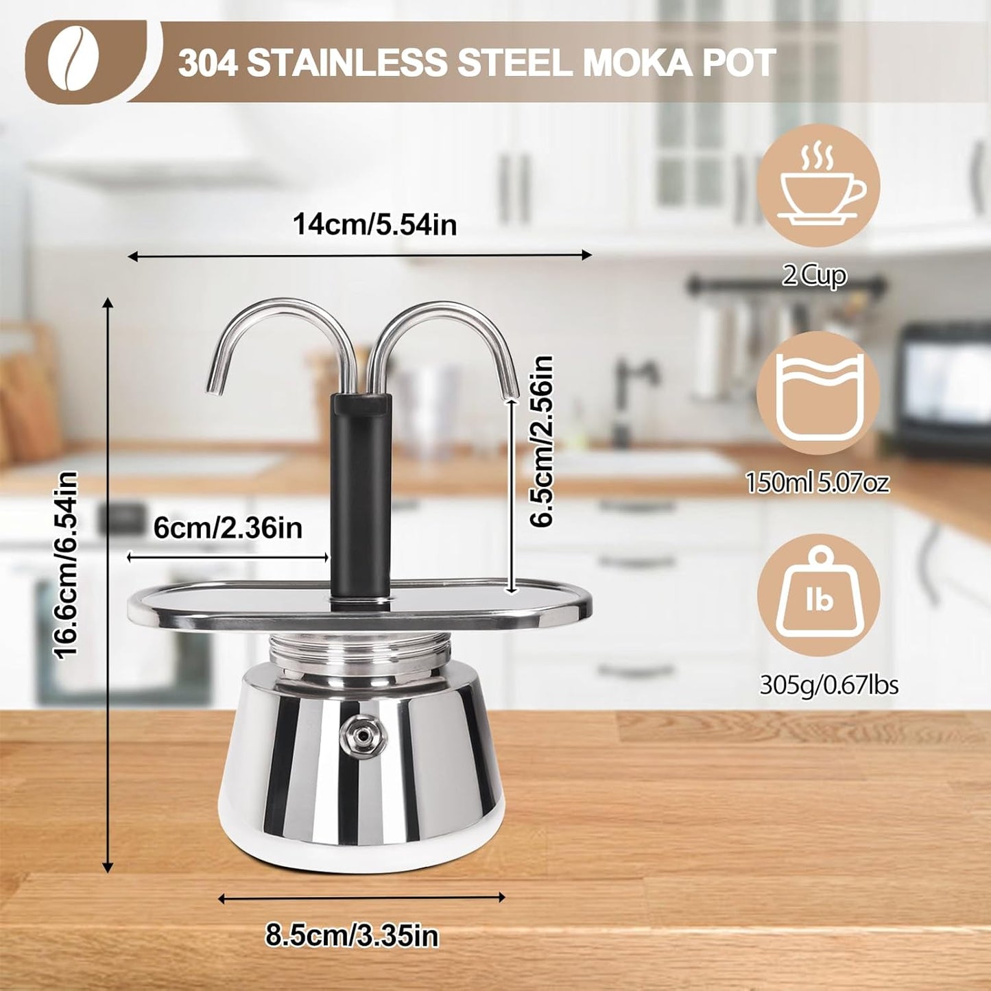 Uncoated 2 Cup Dual Pipe Moka Pot 304 Thickened Stainless Steel Mini Coffee Maker Stovetop Espresso Coffeemaker Italian Classic Style Brewing Greca Cafe Mocha Machine for Camping Travel Home 150ml
