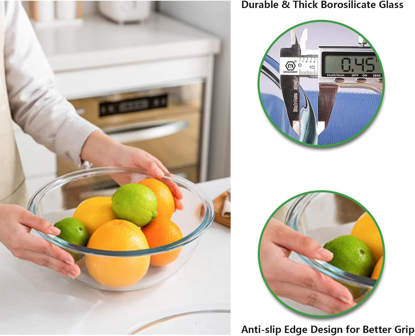 WhiteRhino Glass Mixing Bowl with Lids Set of 4,(1,1.5,2.5,3.7) Large Salad Bowl,Space-Saving Stacking Bowl for Kitchen Food Storage,Glass bowl for Cooking,Baking