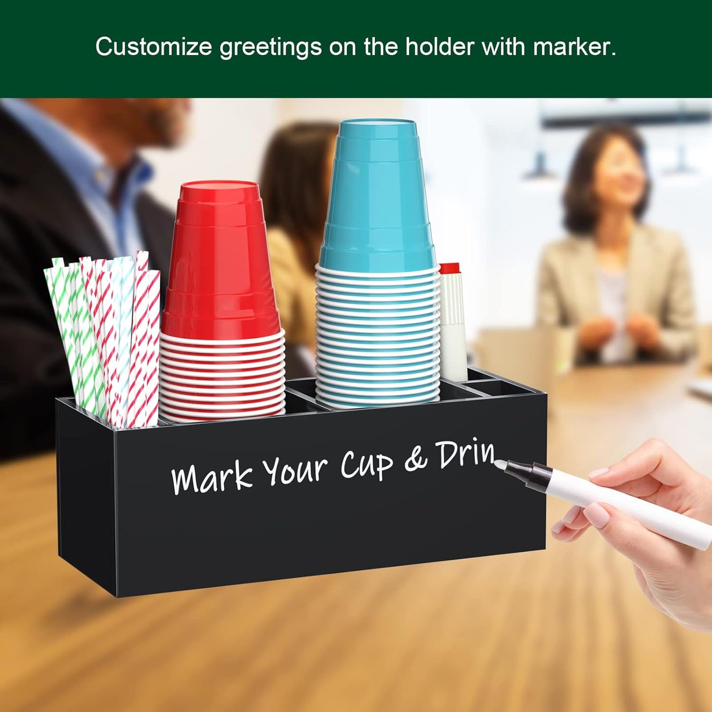 Double Cup Holder with Marker Slot, Party Cup Dispenser Acrylic Cup Organizer Mark Your Cup and Drink Up Caddy Modern Bar Counter Decor, Black