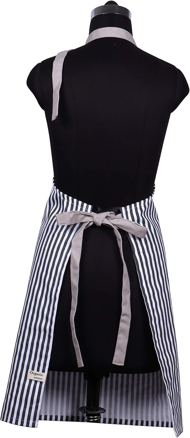 AMOUR INFINI Cotton Aprons for Women with Pockets Adjustable Strap and Waist Ties Printed Reusable Aprons for Baking, Cooking, Gardening (27.5 x 33 Inches - Charcoal)