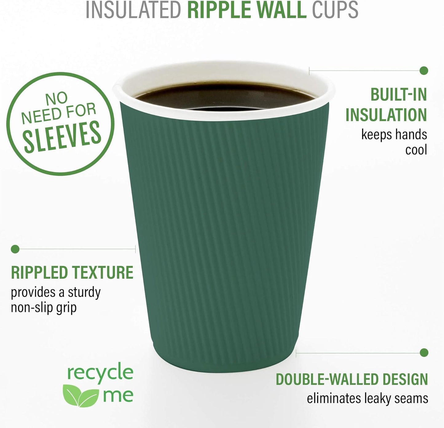 4 oz Forest Green Paper Coffee Cup - Ripple Wall - 2 1/2" x 2 1/2" x 2 1/4" - 500 count box