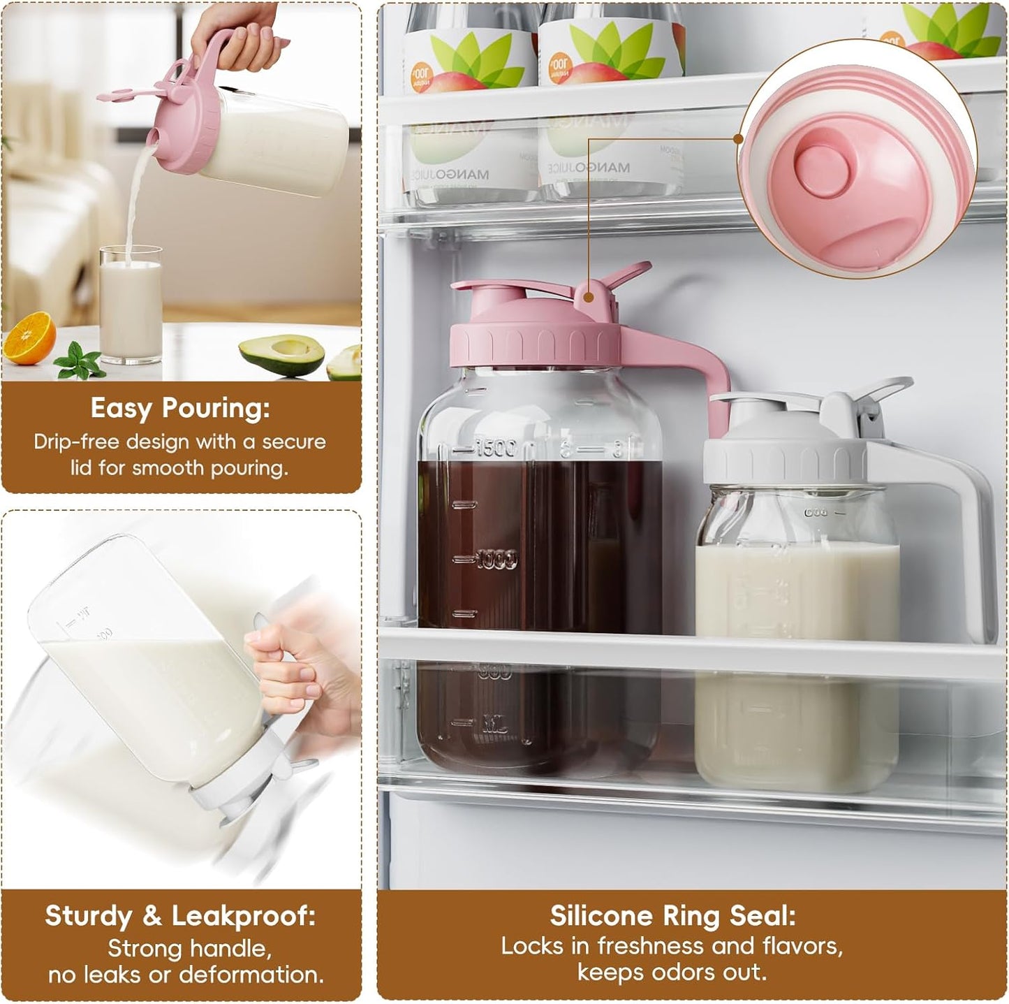 Glass Mason Jar Pitcher, 64 oz Wide Mouth Jug with Pour Spout Handle Lid for Cold Brew Coffee, Ice Beverage, Iced Juice, Lemonade, Sun Tea, Fruit Drinks Container（White）