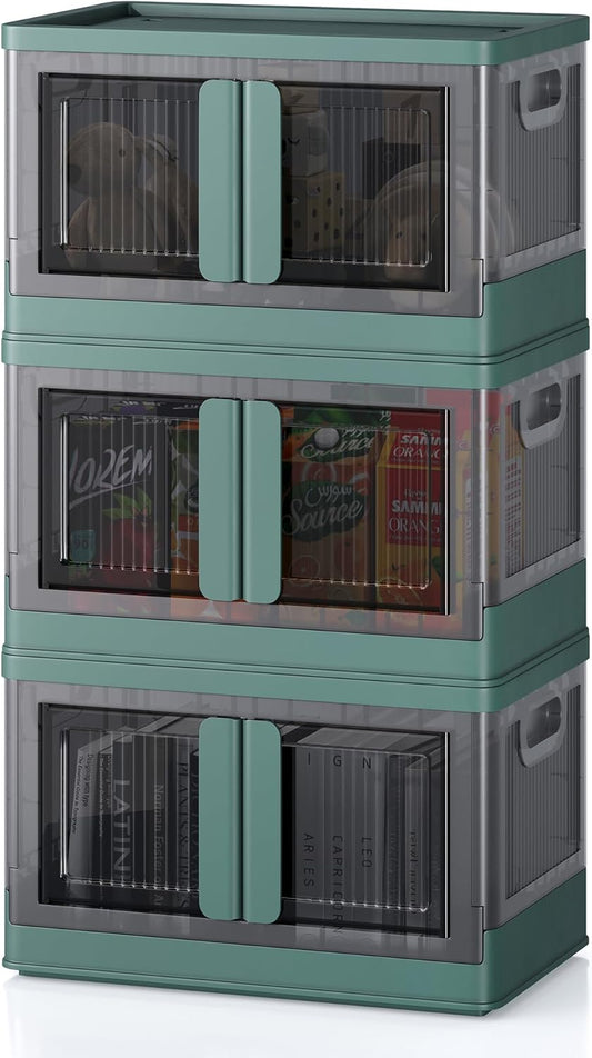 8.4Gal Collapsible Storage Bins with Lids & Wheels - 3 Pack Stackable with Doors, Heavy-Duty Plastic Containers for Home/Office, Green