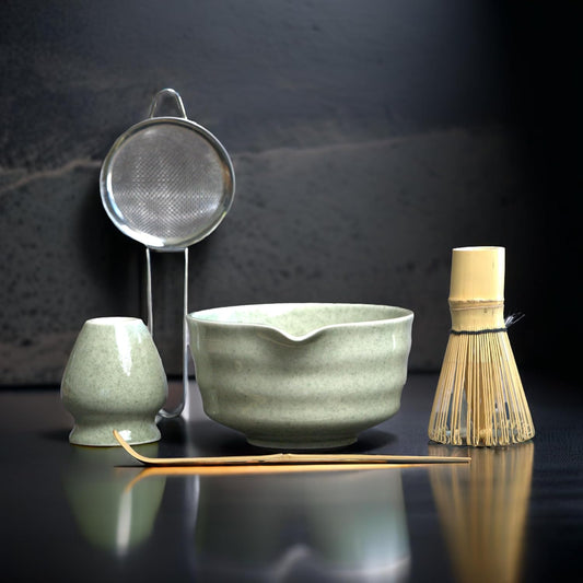 Matcha Whisk Set, Matcha Set, Handcrafted Bamboo Chasen & Ceramic Bowl Matcha Kit, 5 Pcs Matcha Set Whisk and Bowl with Stainless Steel Sifter, Bamboo Scoop & Holder for Matcha Tea Ceremony, Jade