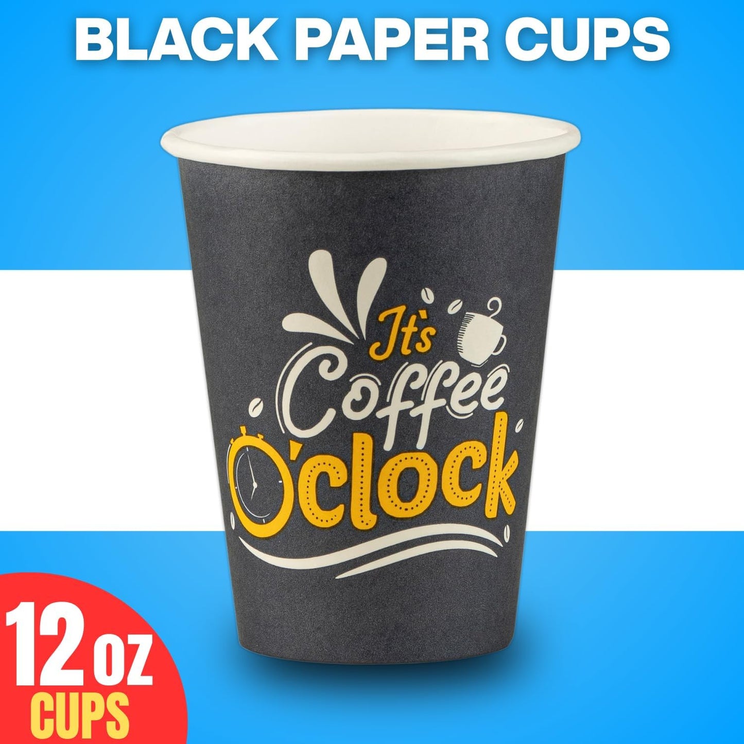 Smygoods Disposable Coffee Cups, To Go Paper Hot Cups, Coffee O'Clock Design (12 OZ, 50 Count) For Hot Beverages, Coffee, Tea, Espresso, Cocoa - Vasos Para Cafe