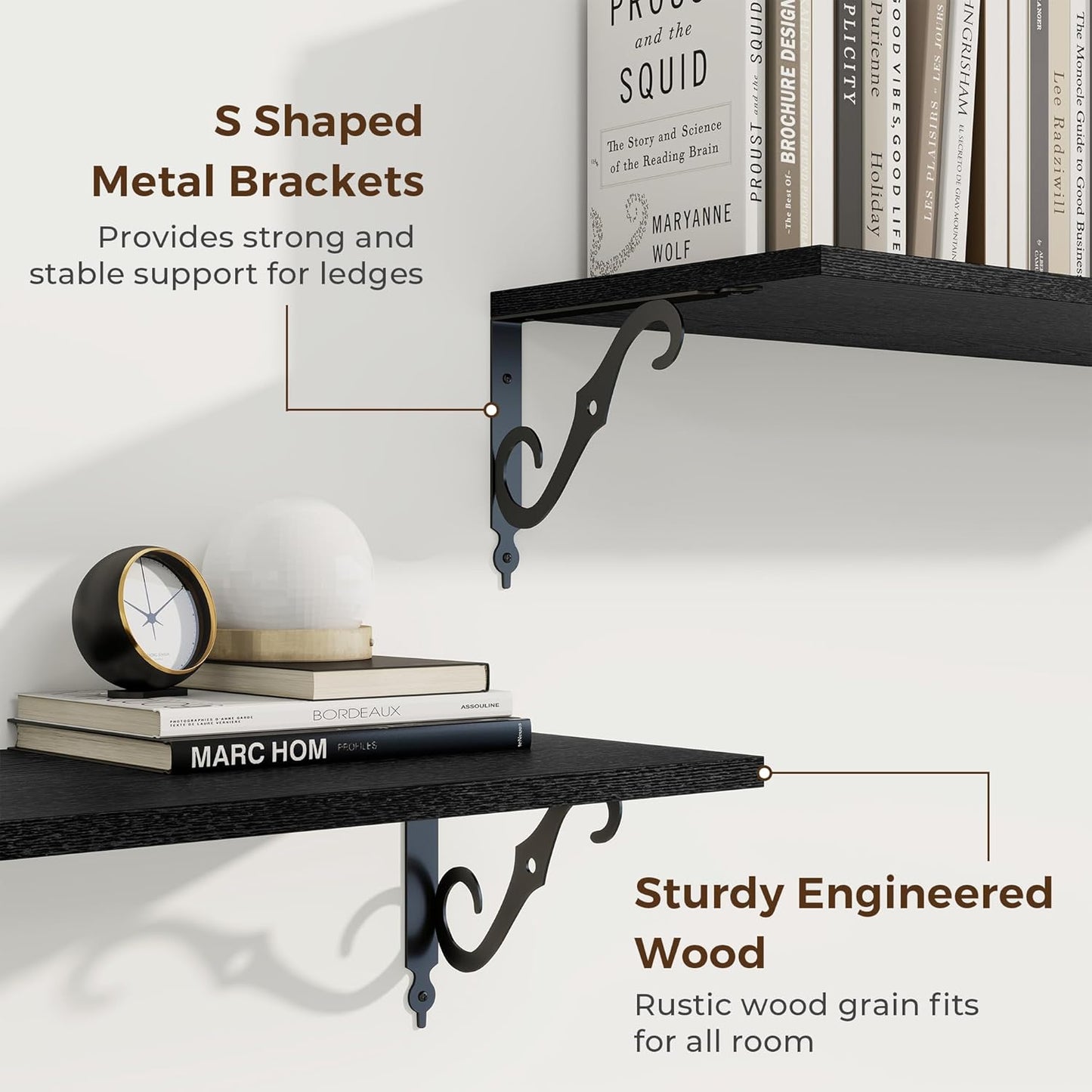 RICHFOCUS 12 Inch Deep Floating Shelves for Wall, 24" W x 12" D Black Wood Wall Shelves Set of 2, Wide Floating Shelves for Living Room, Bedroom, Kitchen, Bathroom and Decor Storage, Black