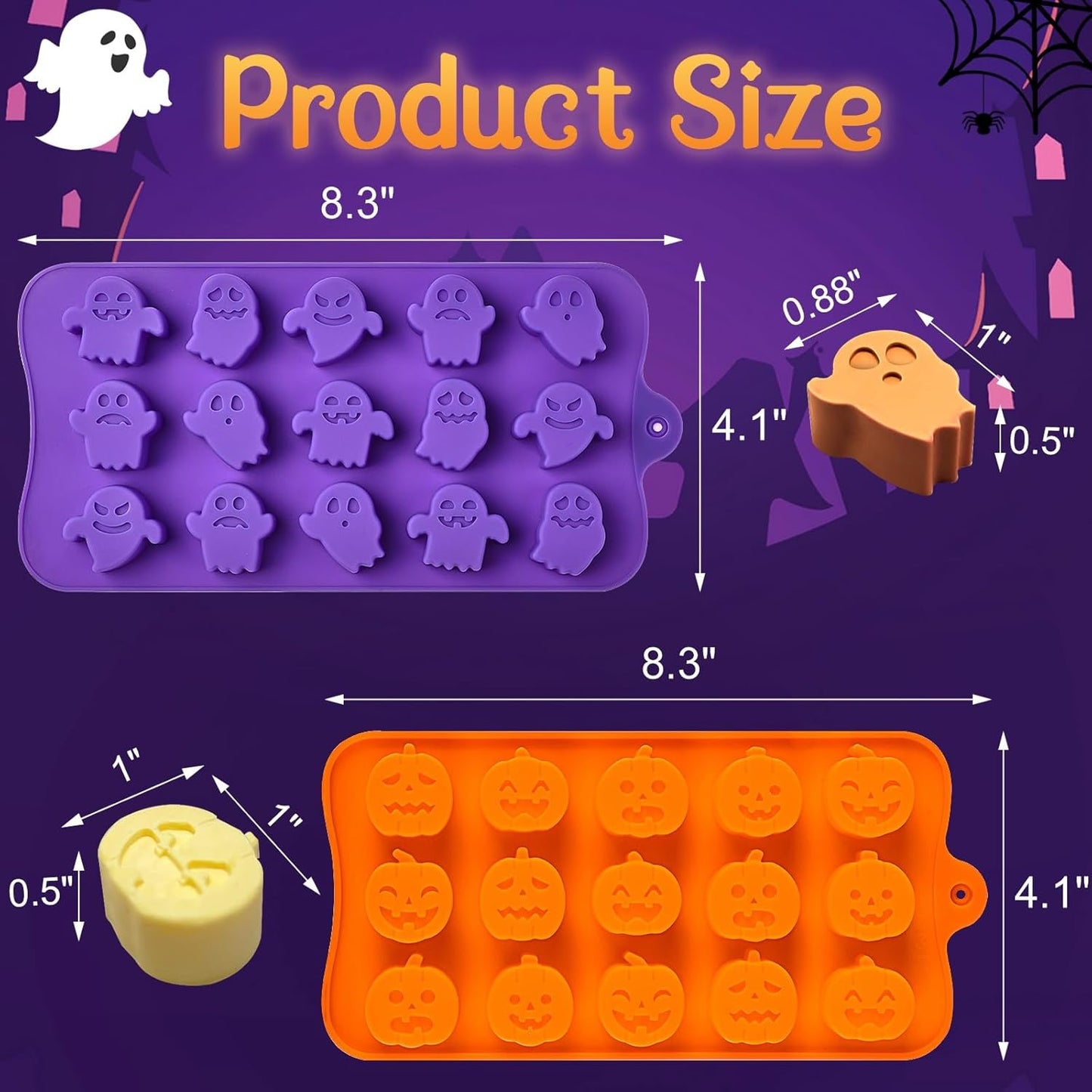 JOERSH Halloween Chocolate Silicone Molds, 4PCS Pumpkin Ghost Shaped Candy Mold Non Stick Baking Pan for DIY Chocolate, Fondant, Jello, Gummy, Candy, Cake Topper, Dessert Decorating