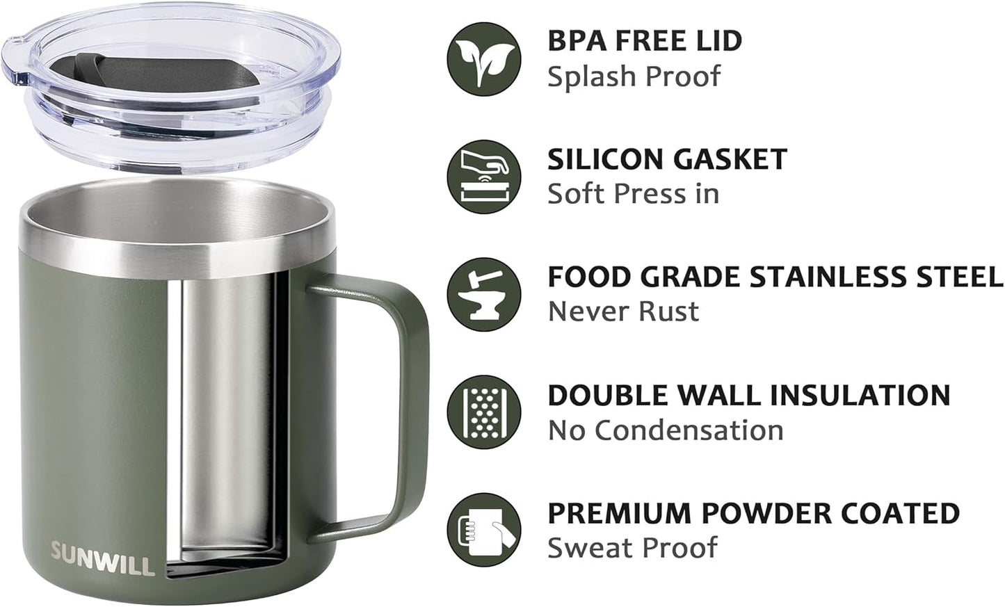 SUNWILL Travel Coffee Mug with Lid, Insulated Tumbler with Handle, 14 oz Stainless Steel Cup for Home, Office, Camping, Powder Coated Camp Green