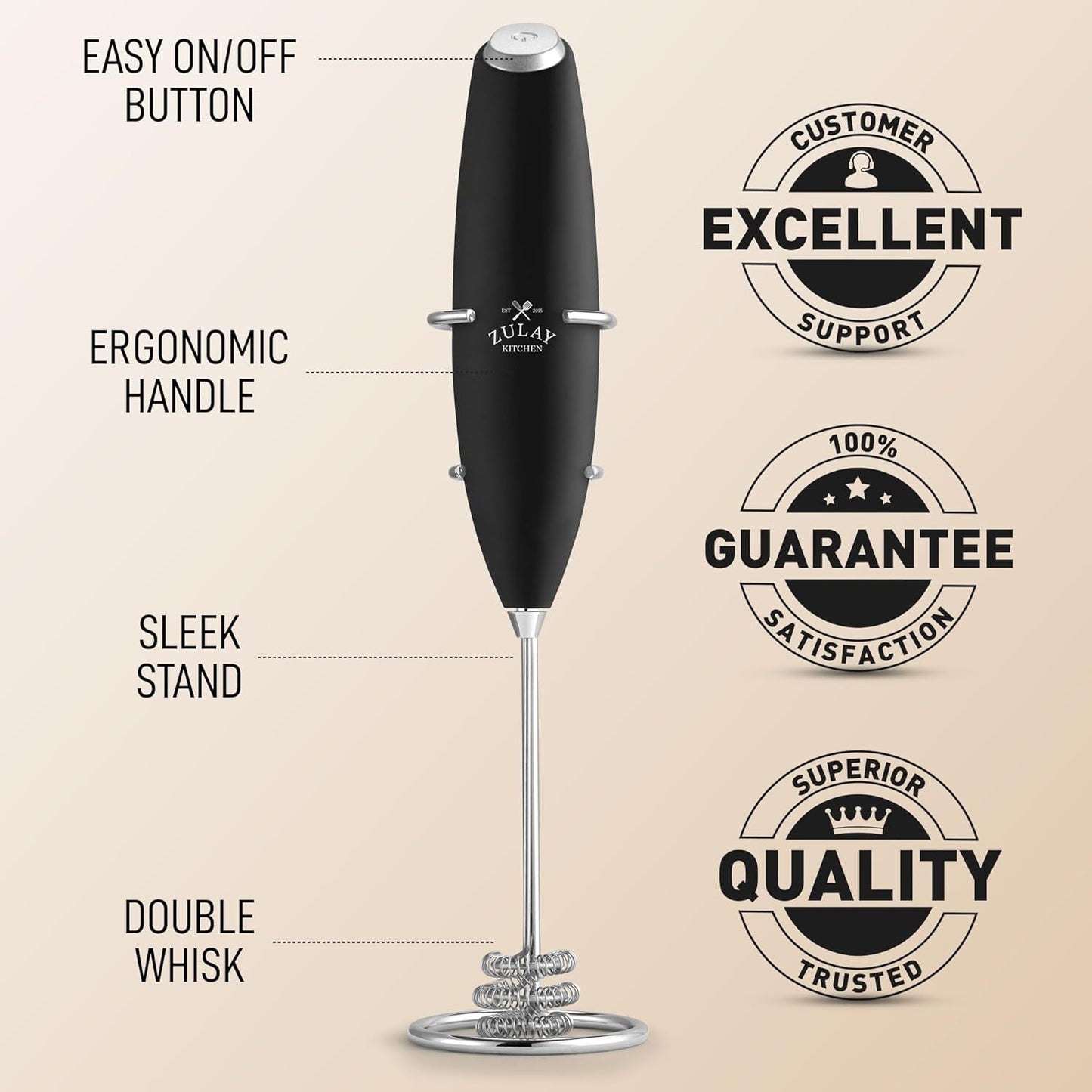 Zulay Kitchen Patented Tornado Triple Whisk Milk Frother with 4 Duracell Batteries – Handheld Foam Maker for Coffee, Lattes, Matcha & Hot Chocolate – Rich, Creamy Froth in Seconds