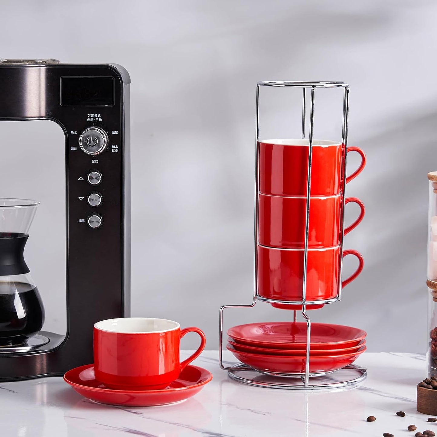 8 Ounce Porcelain Cappuccino Cups with Saucers and Silver Stand, Red Cups Set of 4