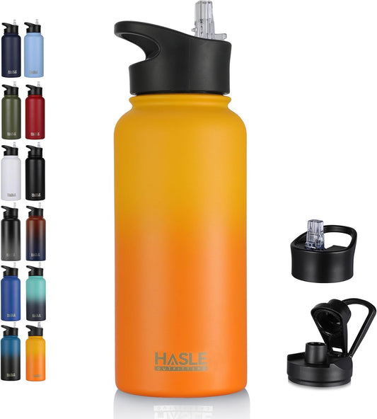 HASLE OUTFITTERS 32 oz Insulated Water Bottle Stainless Steel Double Walled Vacuum Sports Water Bottle with 2 Lids (Straw and Spout Lid) for Gym Camping Hiking(Yellow Orange Gradient,1)