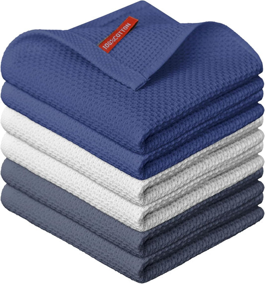 Artoid Mode 100% Cotton Navy Blue Light Dark Grey Waffle Weave Kitchen Dish Cloths, 12x12 Inch Ultra Soft Absorbent Quick Drying Kitchen Dish Towels Set of 6, Multicolor