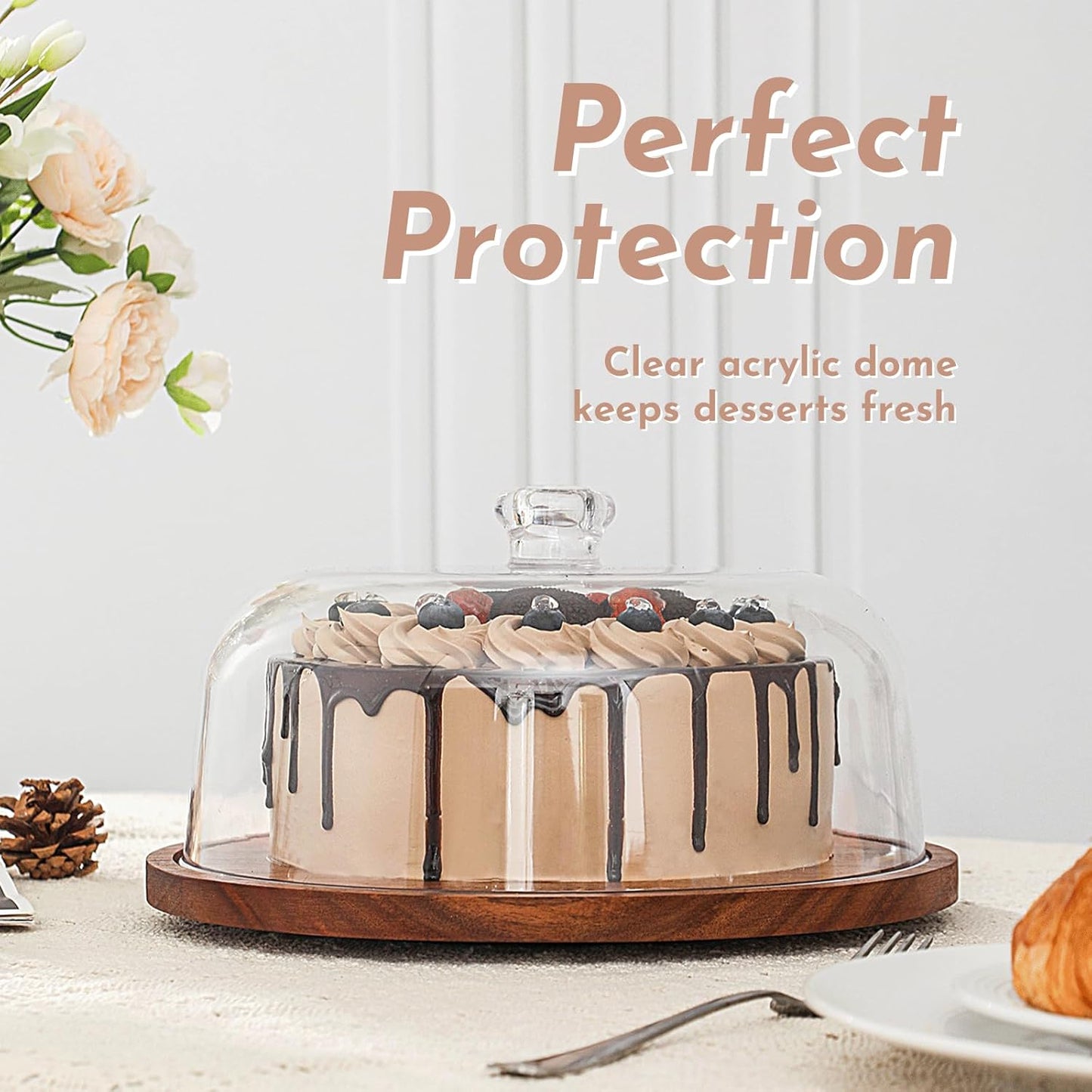 Acacia Wood Cake Stand with Acrylic Dome Lid, Cake Holder 360° Rotating, Dessert Display Stand with Dome Cover, Charcuterie Boards for Cheese, Chips, Fruit, Cake Board, Cake Plate for Party, Wedding