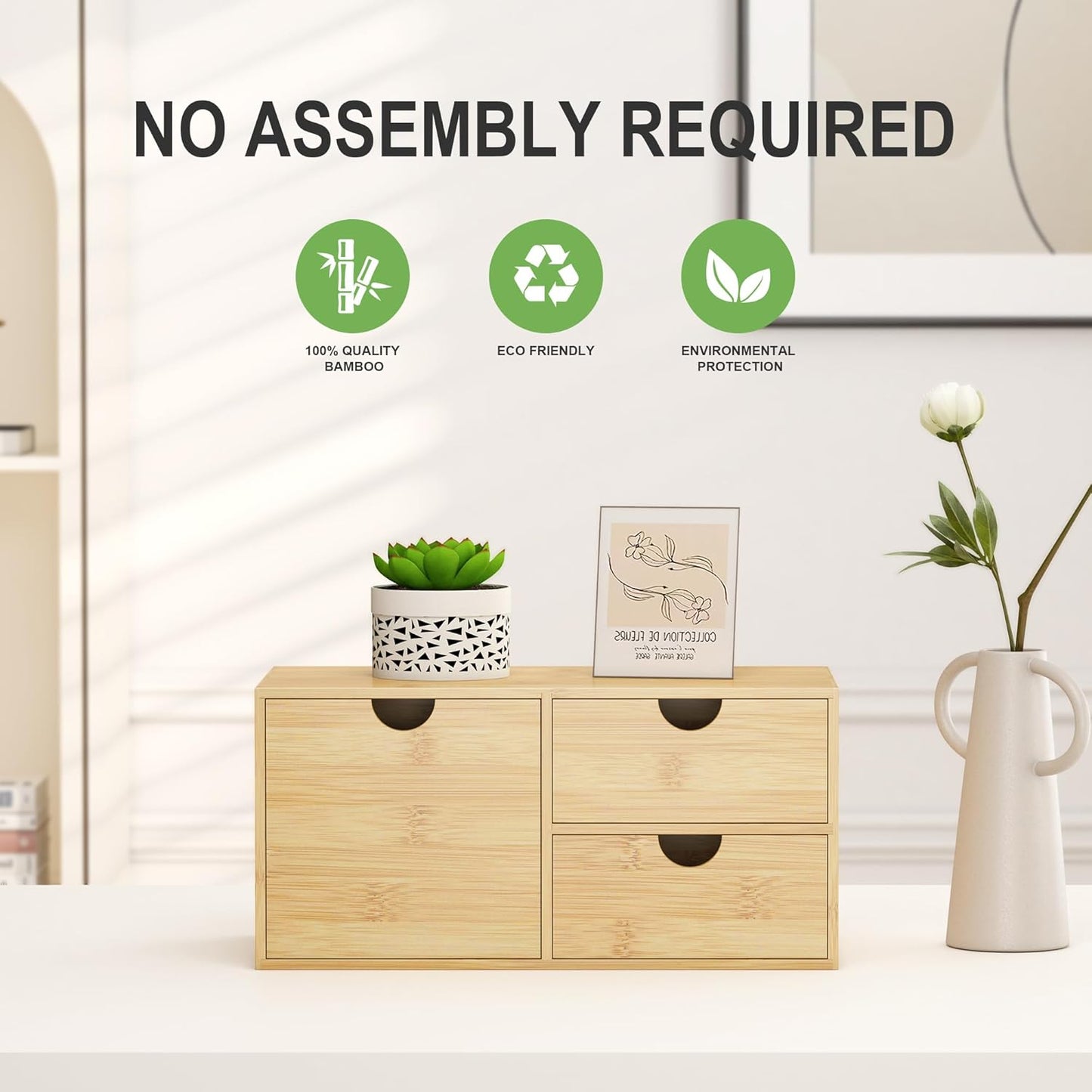 Bamboo Desk Organizer with Drawers - Small Desktop Countertop Mini Tabletop Storage Container - No Assembly Required