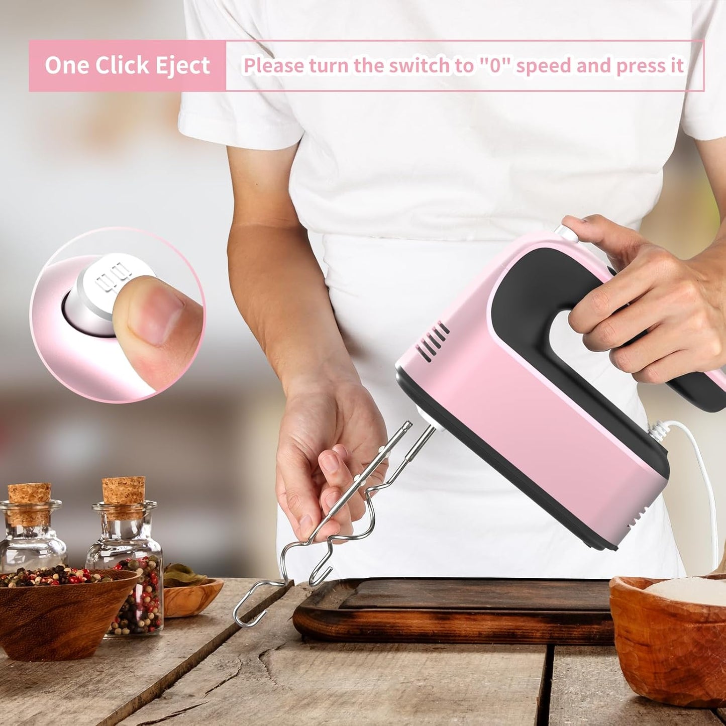 9-Speed Digital Hand Mixer Electric, 400W Powerful DC Motor, Baking Mixer Handheld with Snap-On Storage Case, 5 Stainless Steel Accessories, Flat Beaters, Dough Hooks, Whisk (Rose Gold)